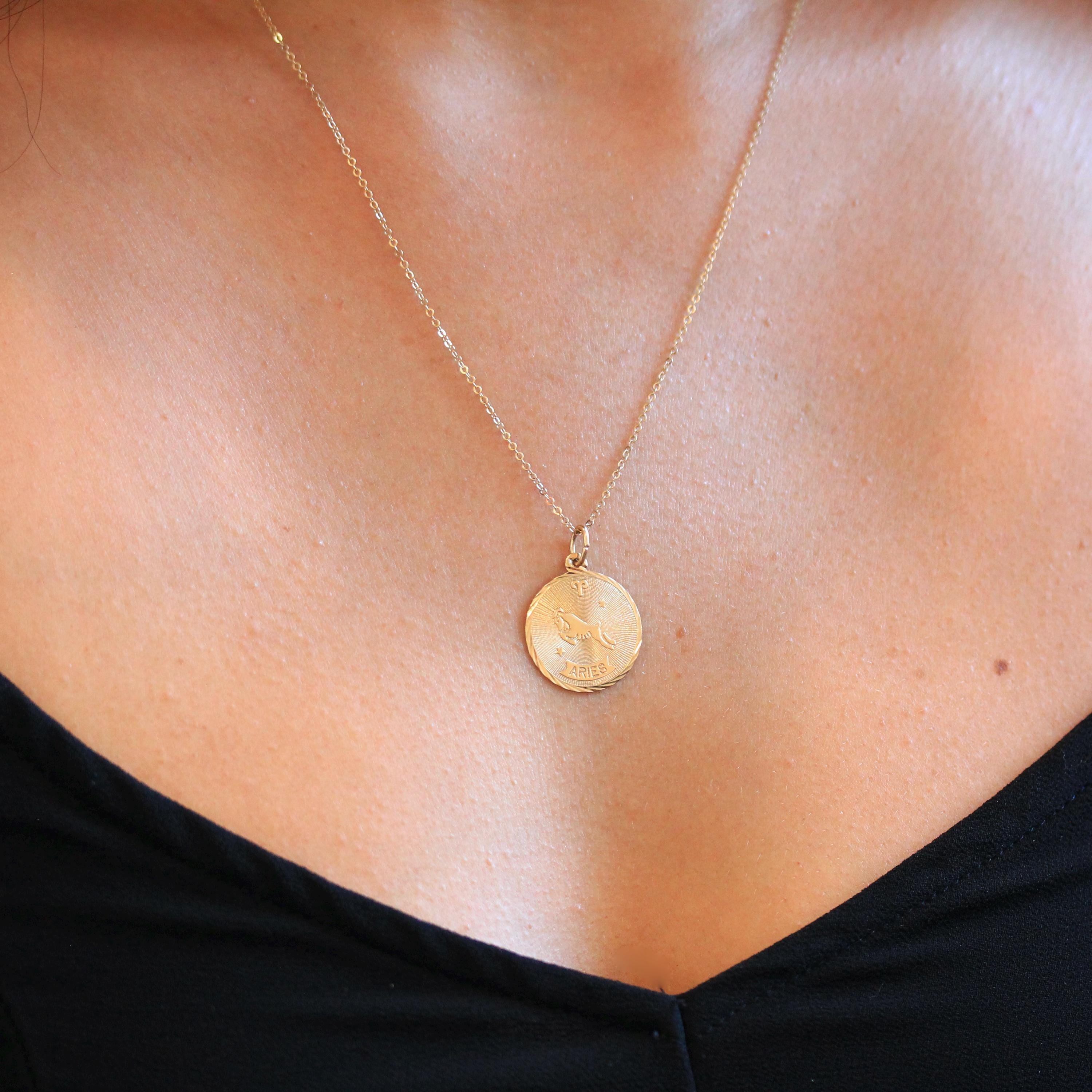 Vintage Aries Charm - Retro 14k Yellow Gold Ram Astrological Sign Necklace Pendant - Dated March 28 1943 Zodiac Fire Element Fine Jewelry