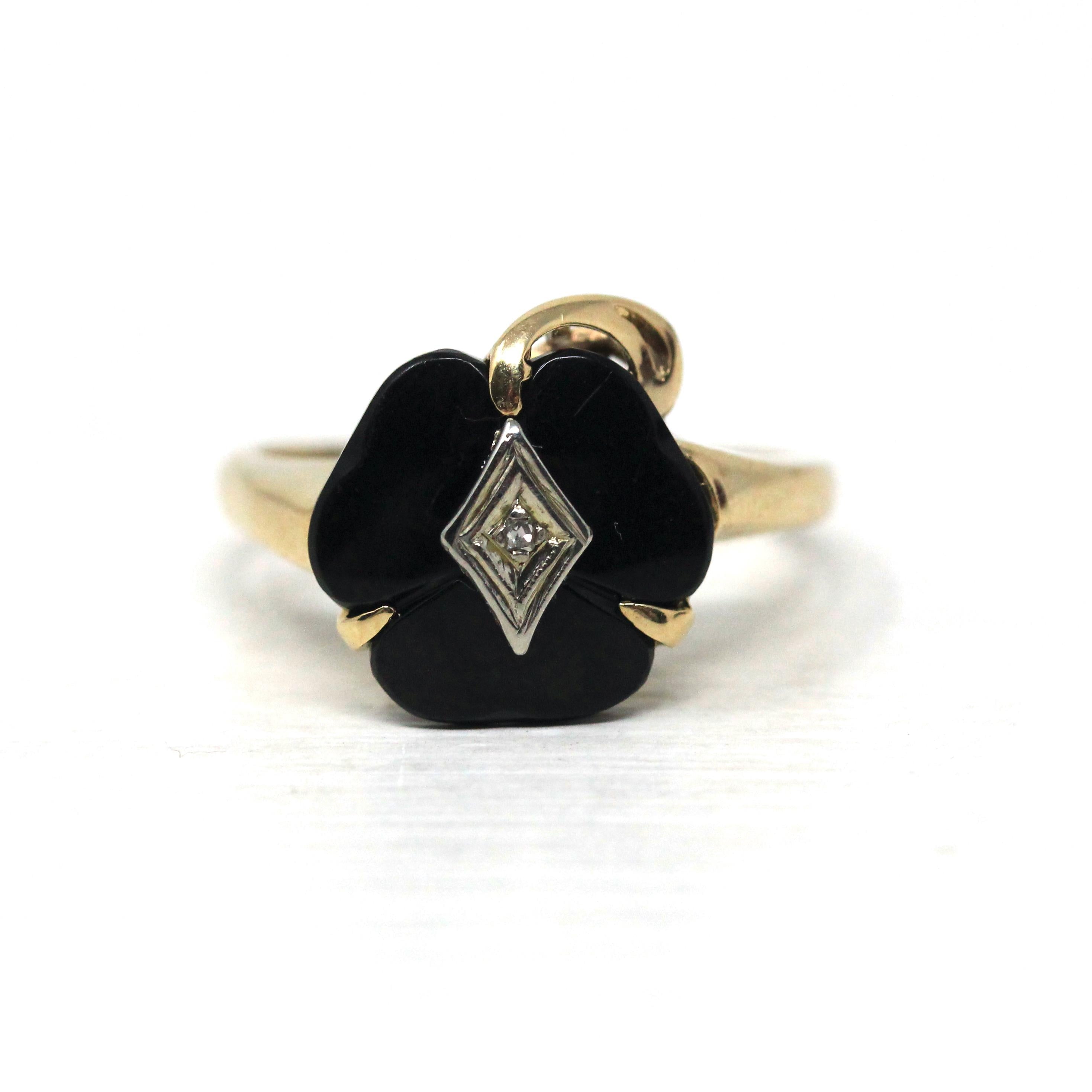 Onyx Clover Ring Retro 10k Yellow Gold Shamrock Black Gemstone