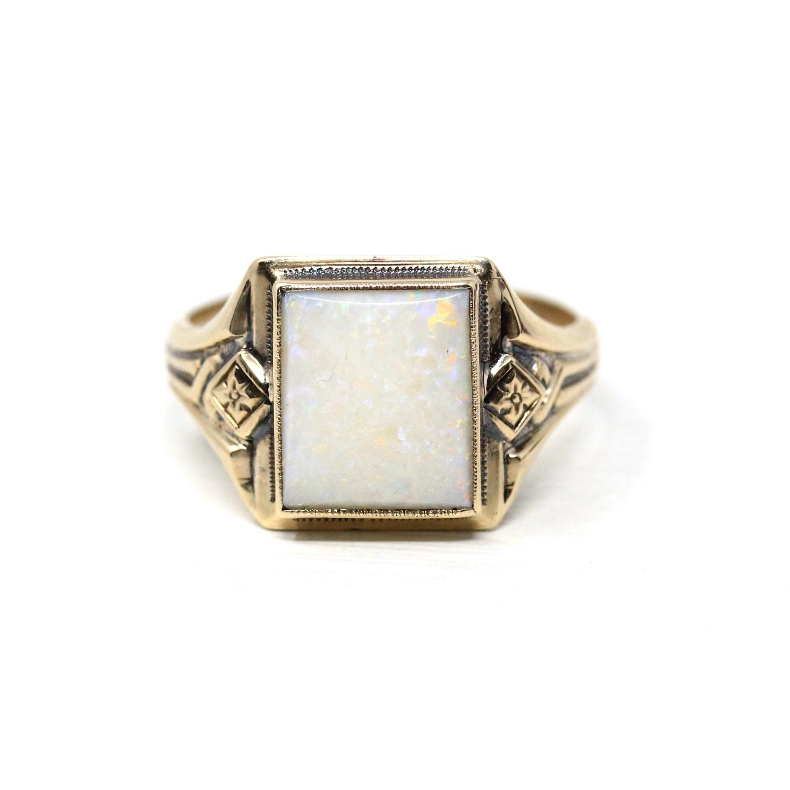 Retro Opal Ring - Vintage 10k Yellow Gold Natural Rectangular Cabochon Gemstone - Circa 1940s Size 12 Fine Unisex October Birthstone Jewelry