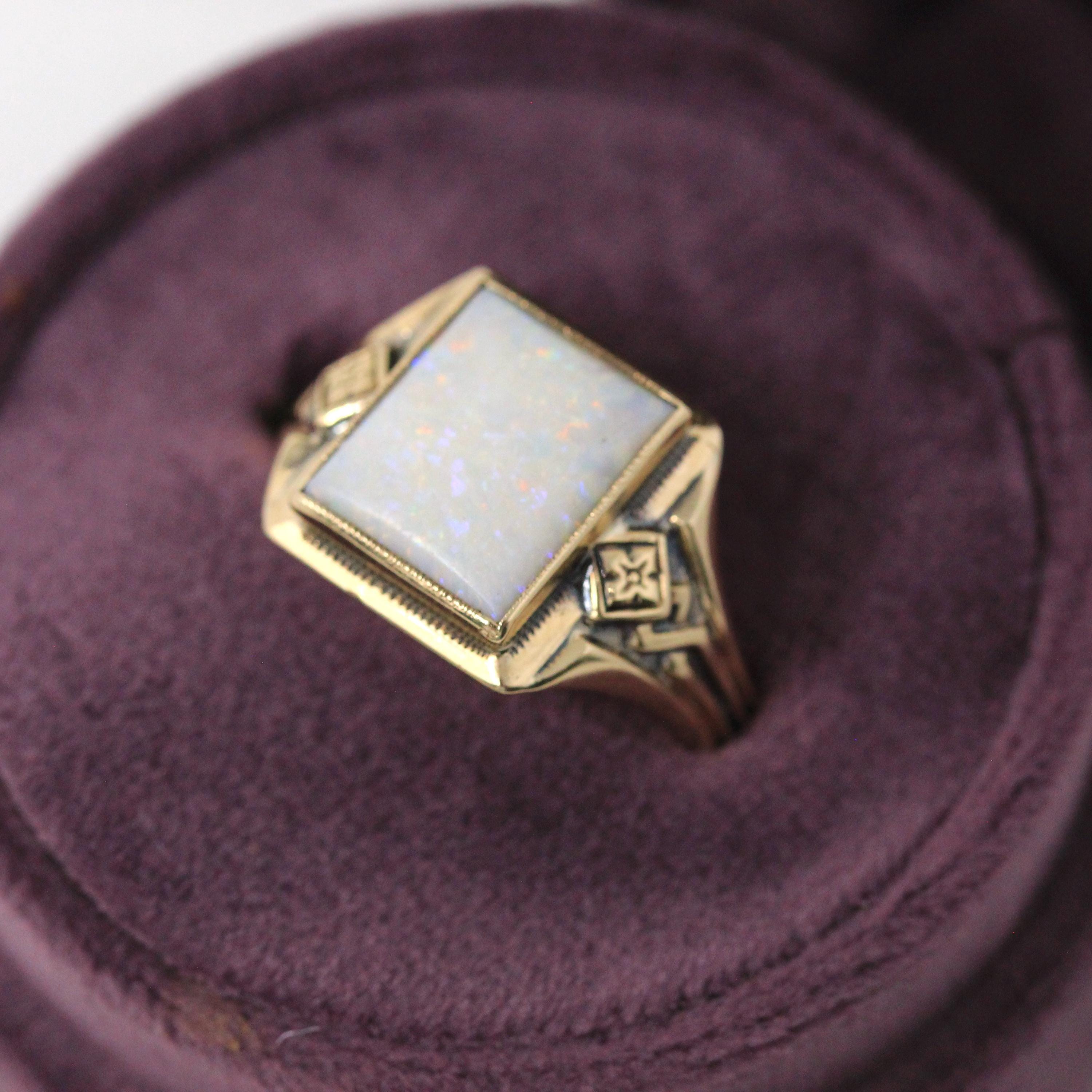 Retro Opal Ring - Vintage 10k Yellow Gold Natural Rectangular Cabochon Gemstone - Circa 1940s Size 12 Fine Unisex October Birthstone Jewelry