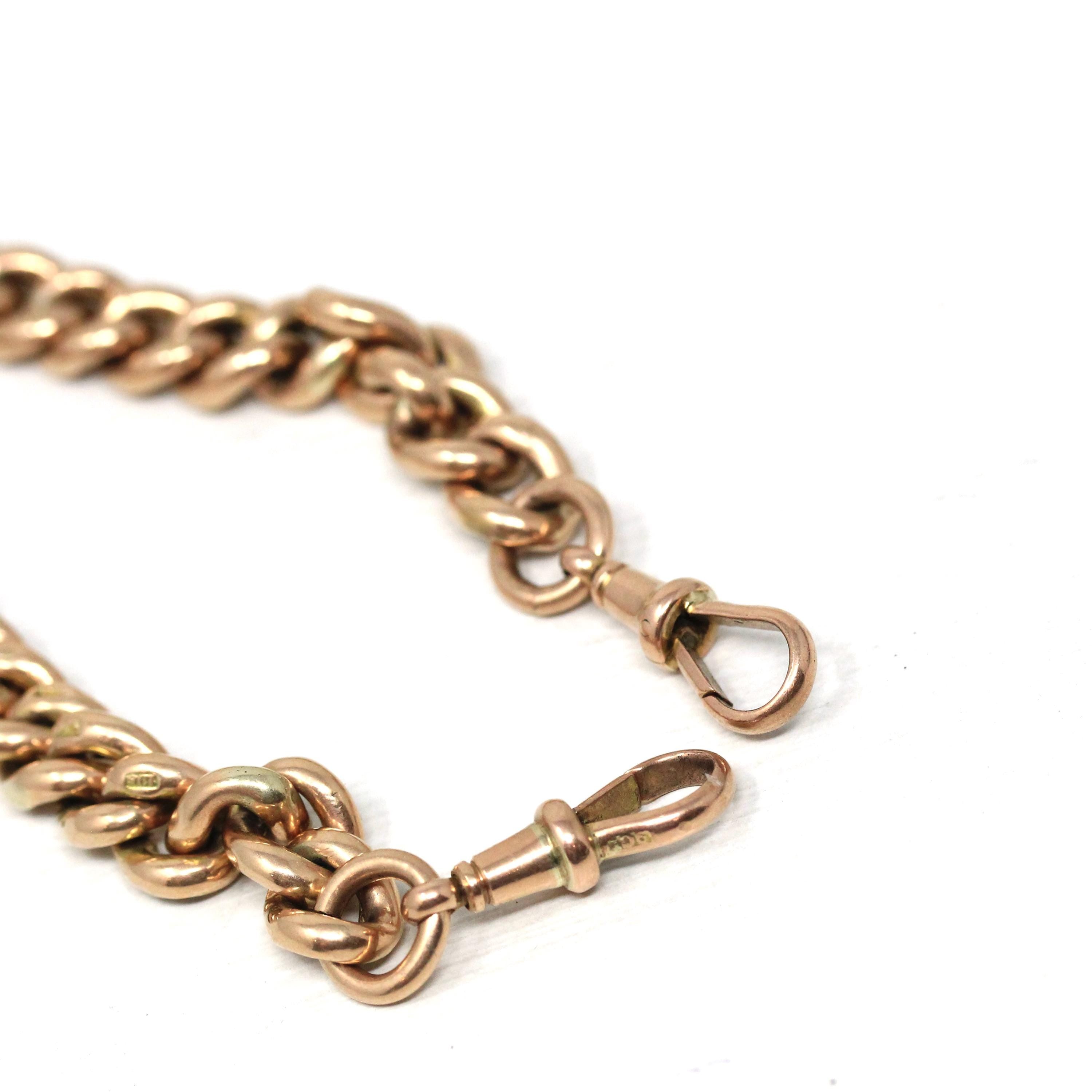Pocket Watch Chain Necklace - Antique 9ct Rosy Yellow Gold T Bar Spring Ring Swivel Clip Choker - Edwardian Circa 1910s Chunky Fine Jewelry