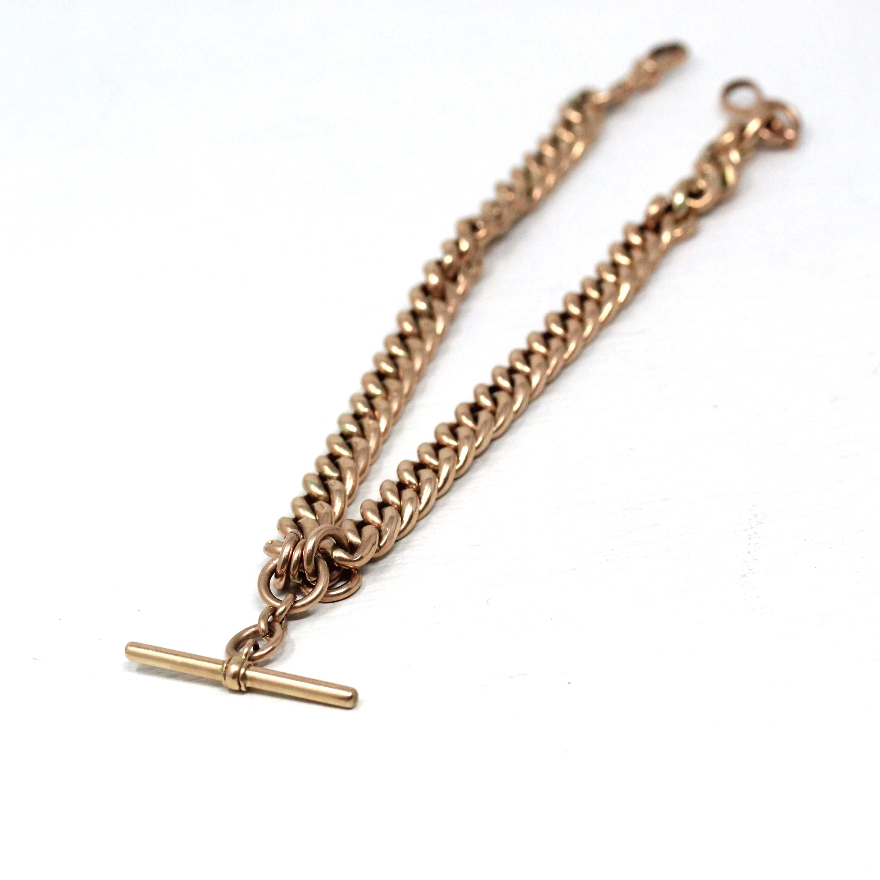 Pocket Watch Chain Necklace - Antique 9ct Rosy Yellow Gold T Bar Spring Ring Swivel Clip Choker - Edwardian Circa 1910s Chunky Fine Jewelry