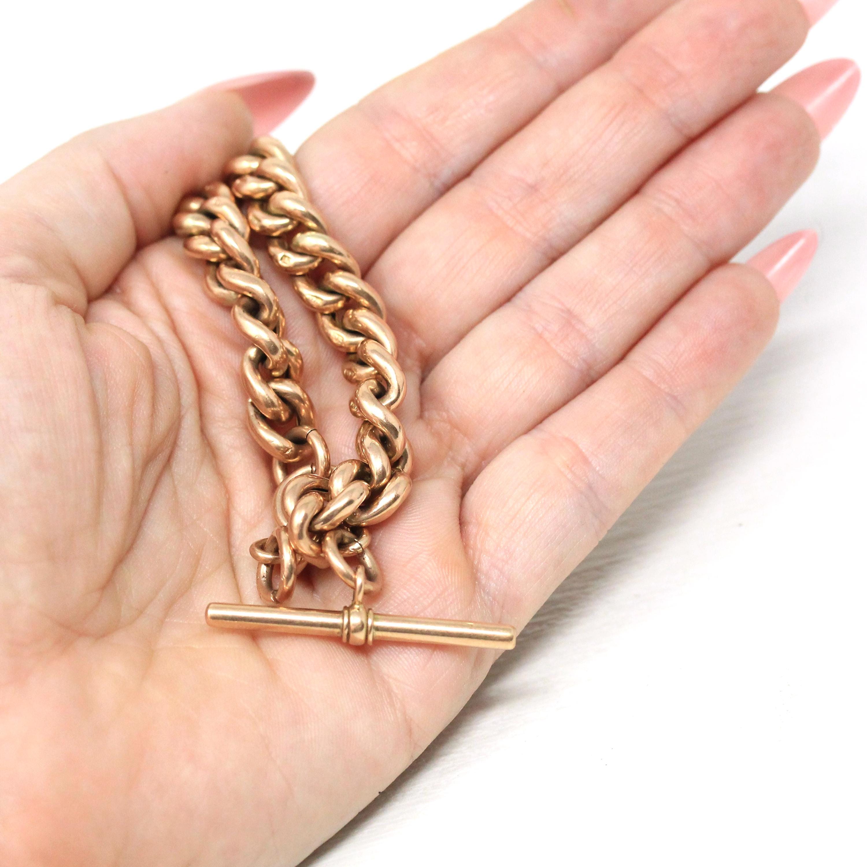 Pocket Watch Chain Necklace - Antique 9ct Rosy Yellow Gold T Bar Spring Ring Swivel Clip Choker - Edwardian Circa 1910s Chunky Fine Jewelry