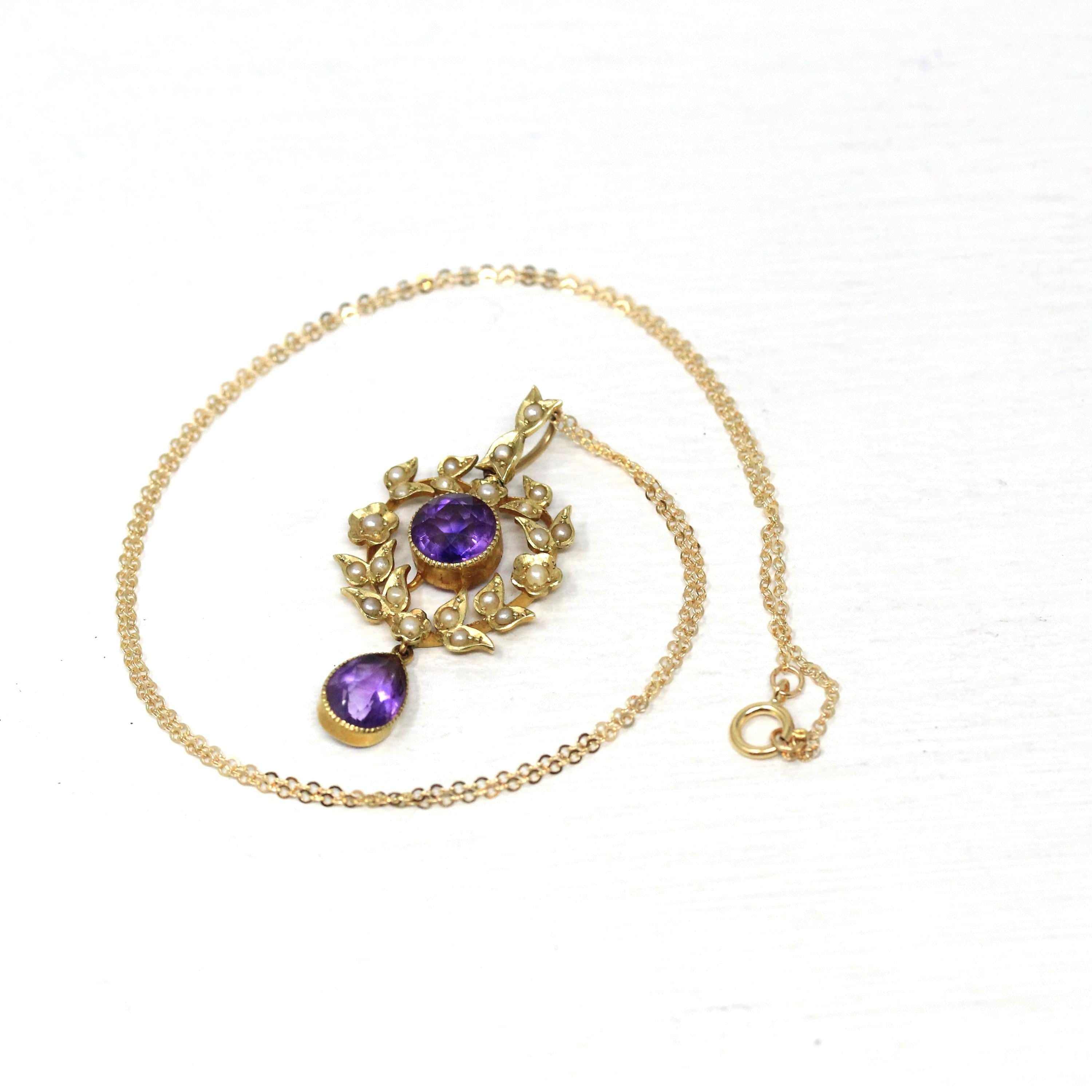 Antique Lavalier Necklace - Edwardian 15ct Gold Purple Amethyst Gemstones Pendant - Vintage Circa 1900s Seed Pearls Leaf Wreath Fine Jewelry