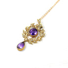 Antique Lavalier Necklace - Edwardian 15ct Gold Purple Amethyst Gemstones Pendant - Vintage Circa 1900s Seed Pearls Leaf Wreath Fine Jewelry