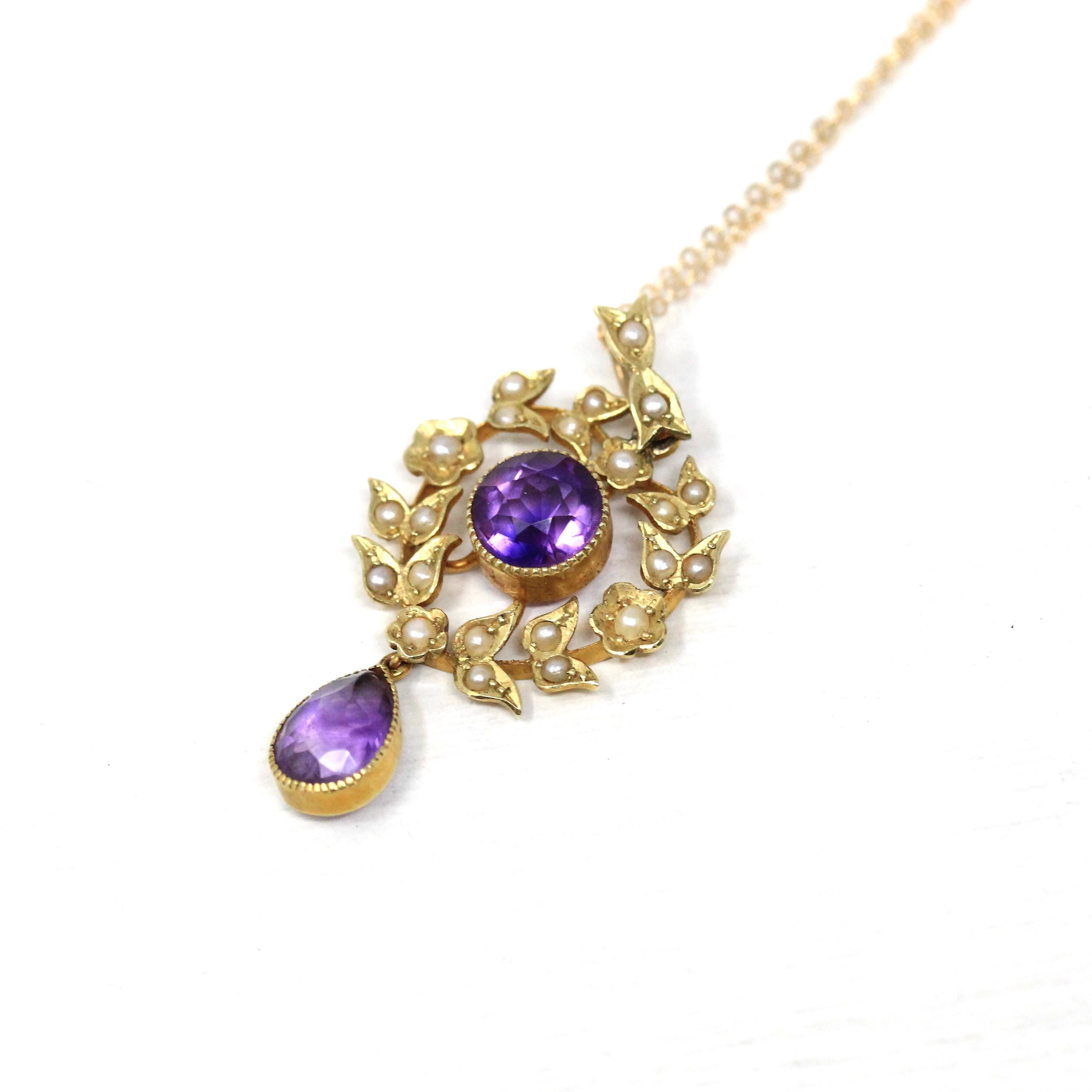Antique Lavalier Necklace - Edwardian 15ct Gold Purple Amethyst Gemstones Pendant - Vintage Circa 1900s Seed Pearls Leaf Wreath Fine Jewelry
