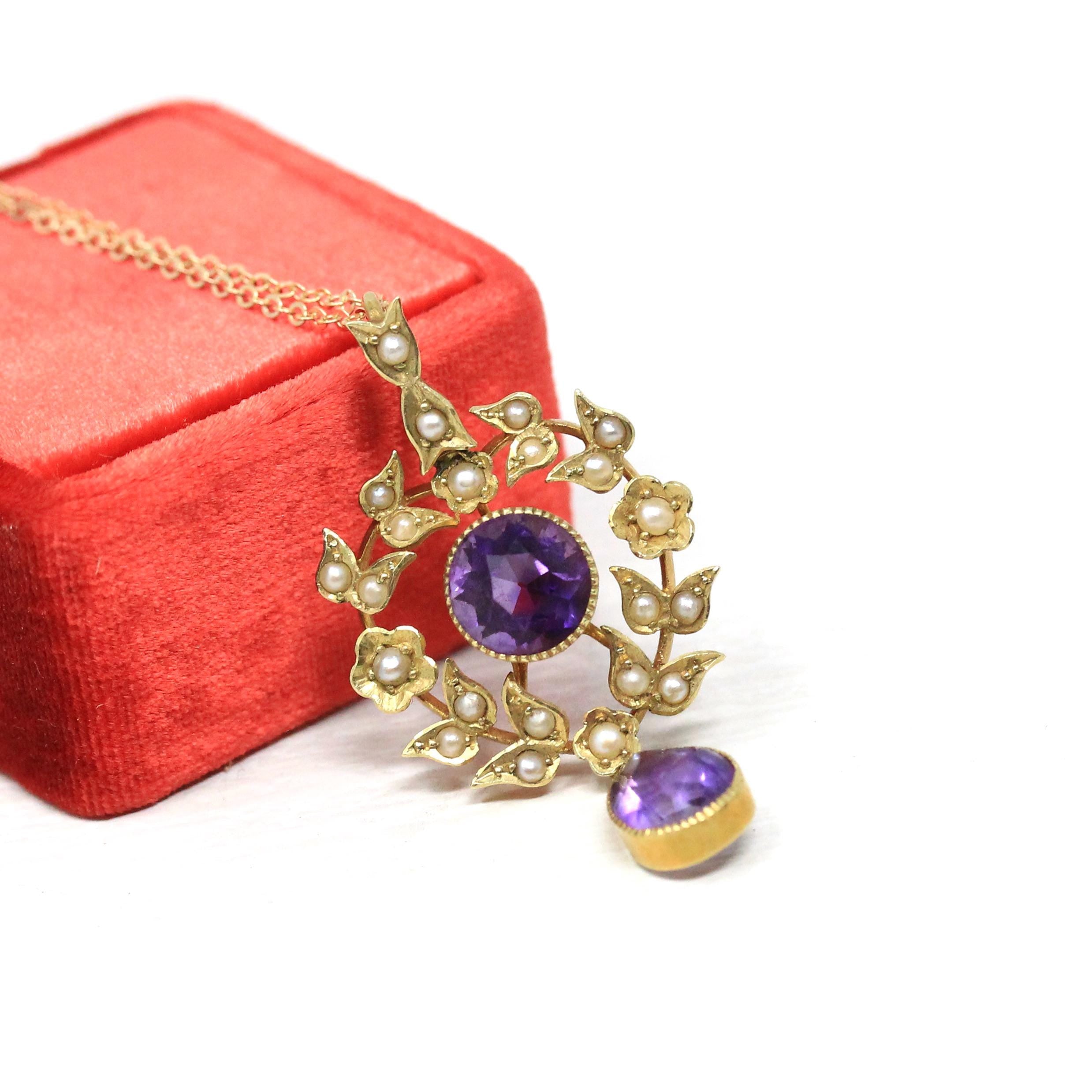 Antique Lavalier Necklace - Edwardian 15ct Gold Purple Amethyst Gemstones Pendant - Vintage Circa 1900s Seed Pearls Leaf Wreath Fine Jewelry
