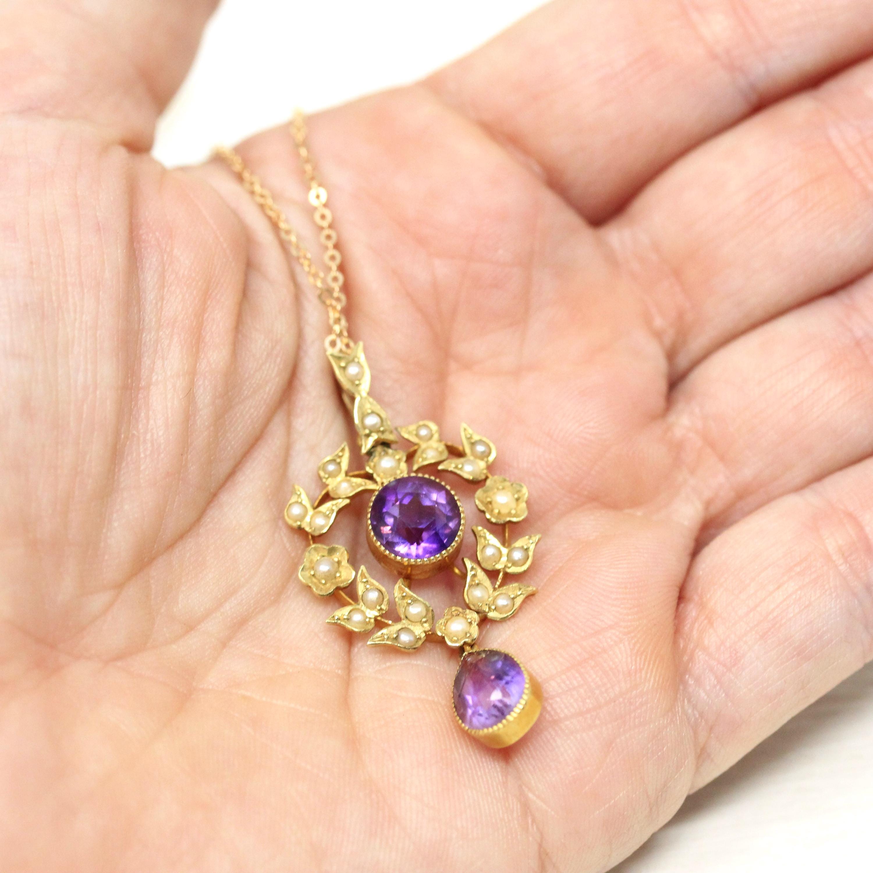 Antique Lavalier Necklace - Edwardian 15ct Gold Purple Amethyst Gemstones Pendant - Vintage Circa 1900s Seed Pearls Leaf Wreath Fine Jewelry