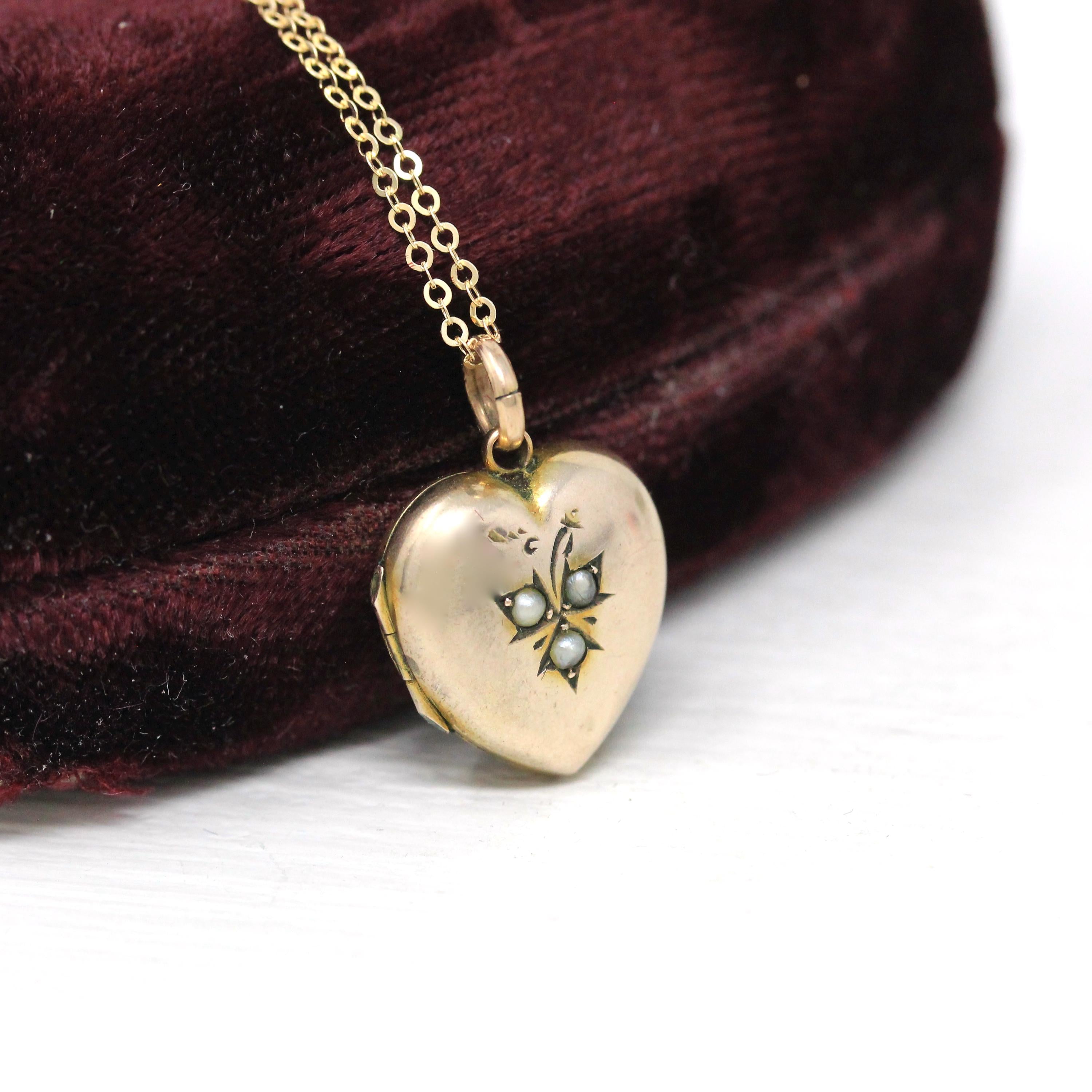 Antique Heart Locket - Edwardian 9k Rosy Yellow Gold Seed Pearl Leaf Pendant Necklace - Circa 1910s Era Keepsake Photograph Photo Jewelry