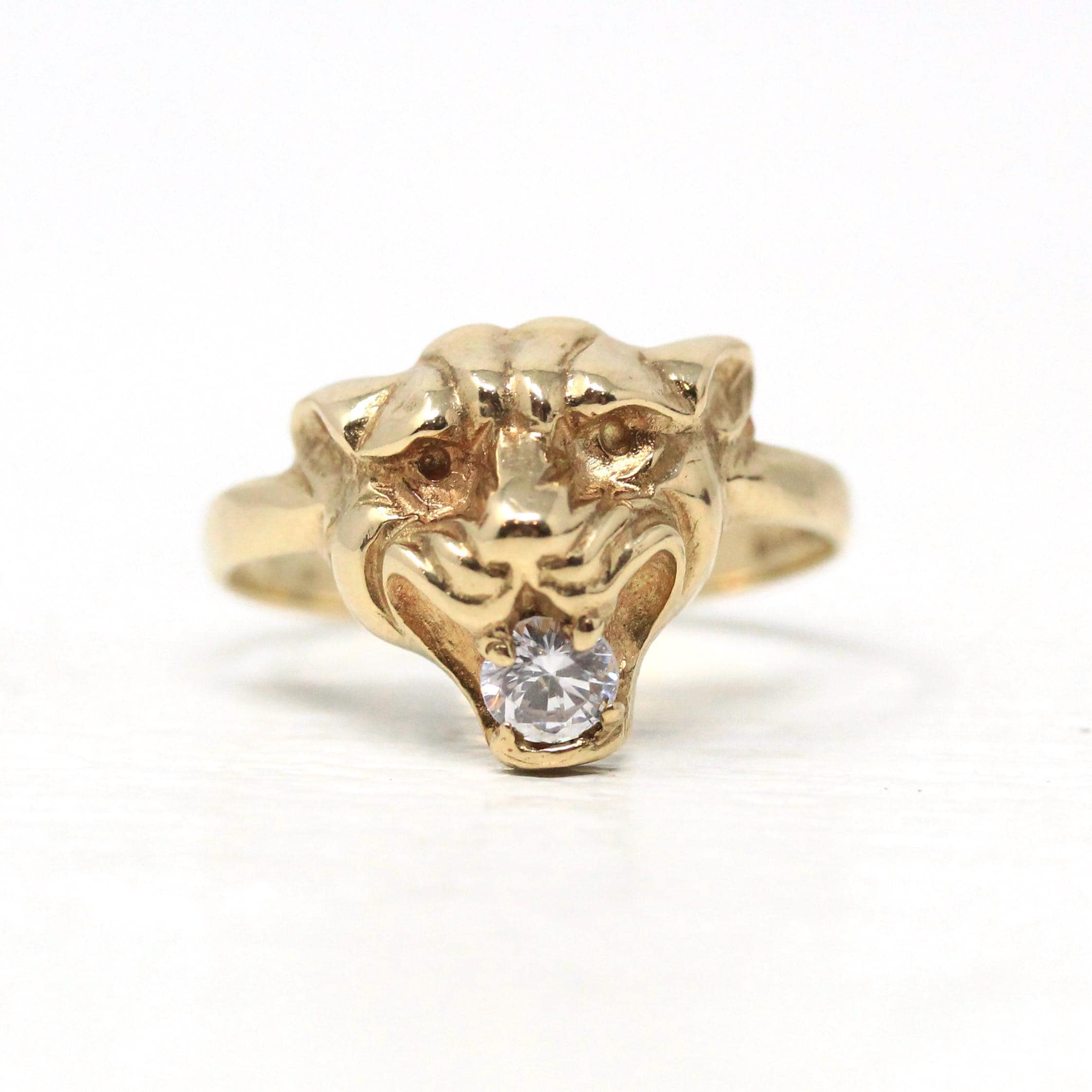 Modern Lion Ring - Estate 9k Yellow Gold Cubic Zirconia London England Statement - Hallmarked 1990 Size 9 Wild Animal Feline CZ Fine Jewelry