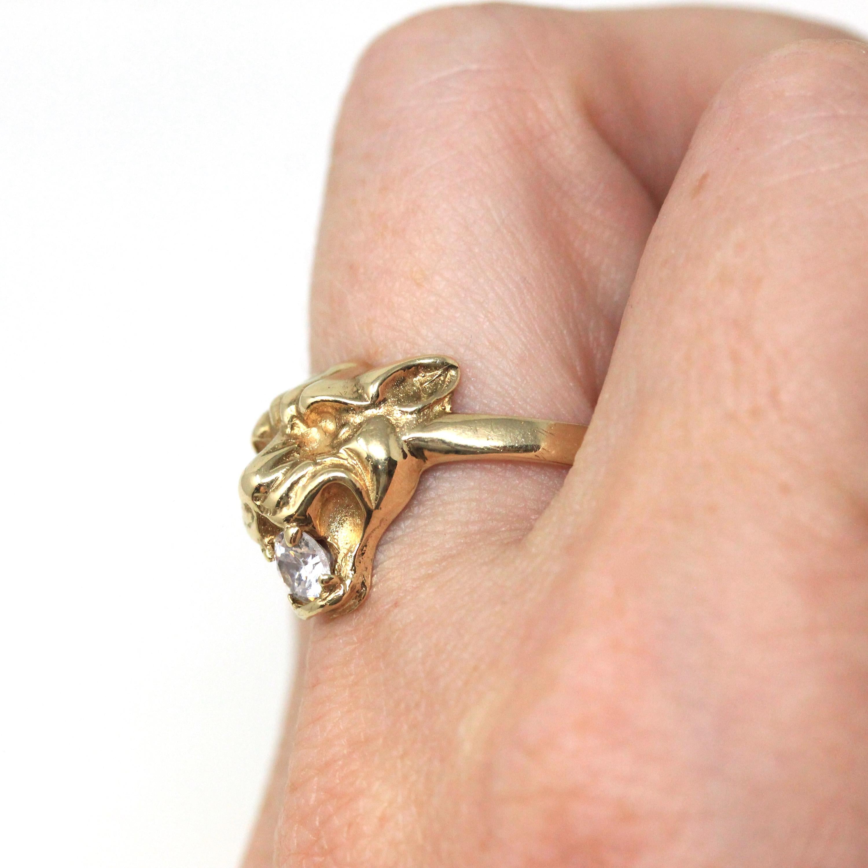 Modern Lion Ring - Estate 9k Yellow Gold Cubic Zirconia London England Statement - Hallmarked 1990 Size 9 Wild Animal Feline CZ Fine Jewelry