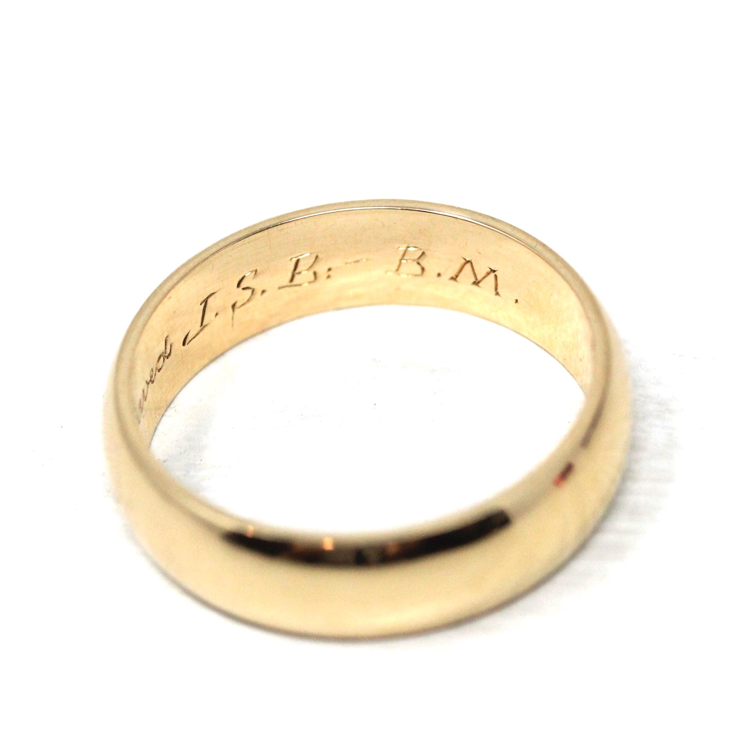 Vintage Wedding Band - Retro 14k Yellow Gold Engraved "JSB to BM" Bridal Ring - Size 8 1/2 Men's Unisex Fine Art Carved JR Wood Jewelry