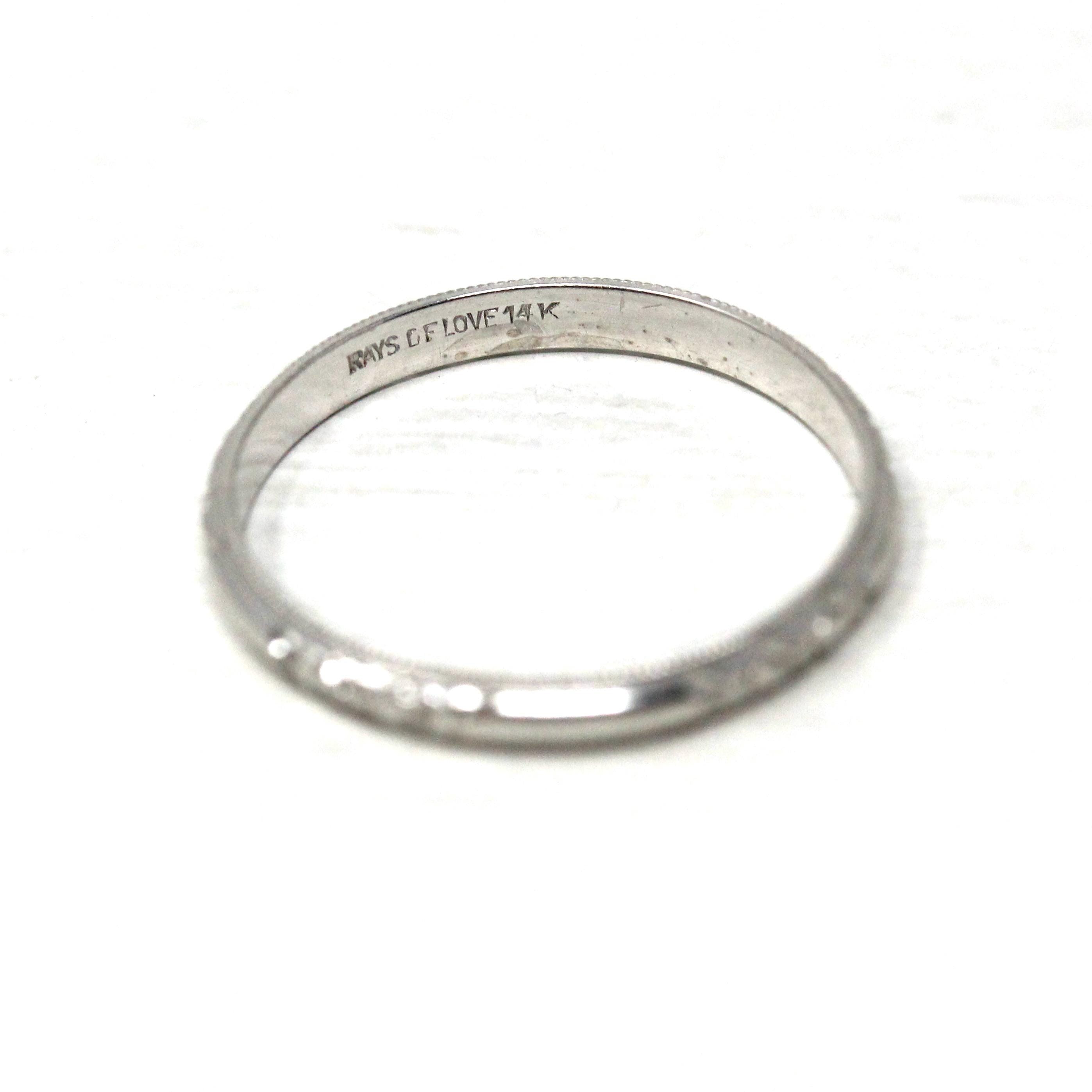 Antique Wedding Band - Retro 14k White Gold 2.07 MM Stationed Floral Design Ring - Circa 1940s Size 4 3/4 Stacking Bridal Fine 40s Jewelry