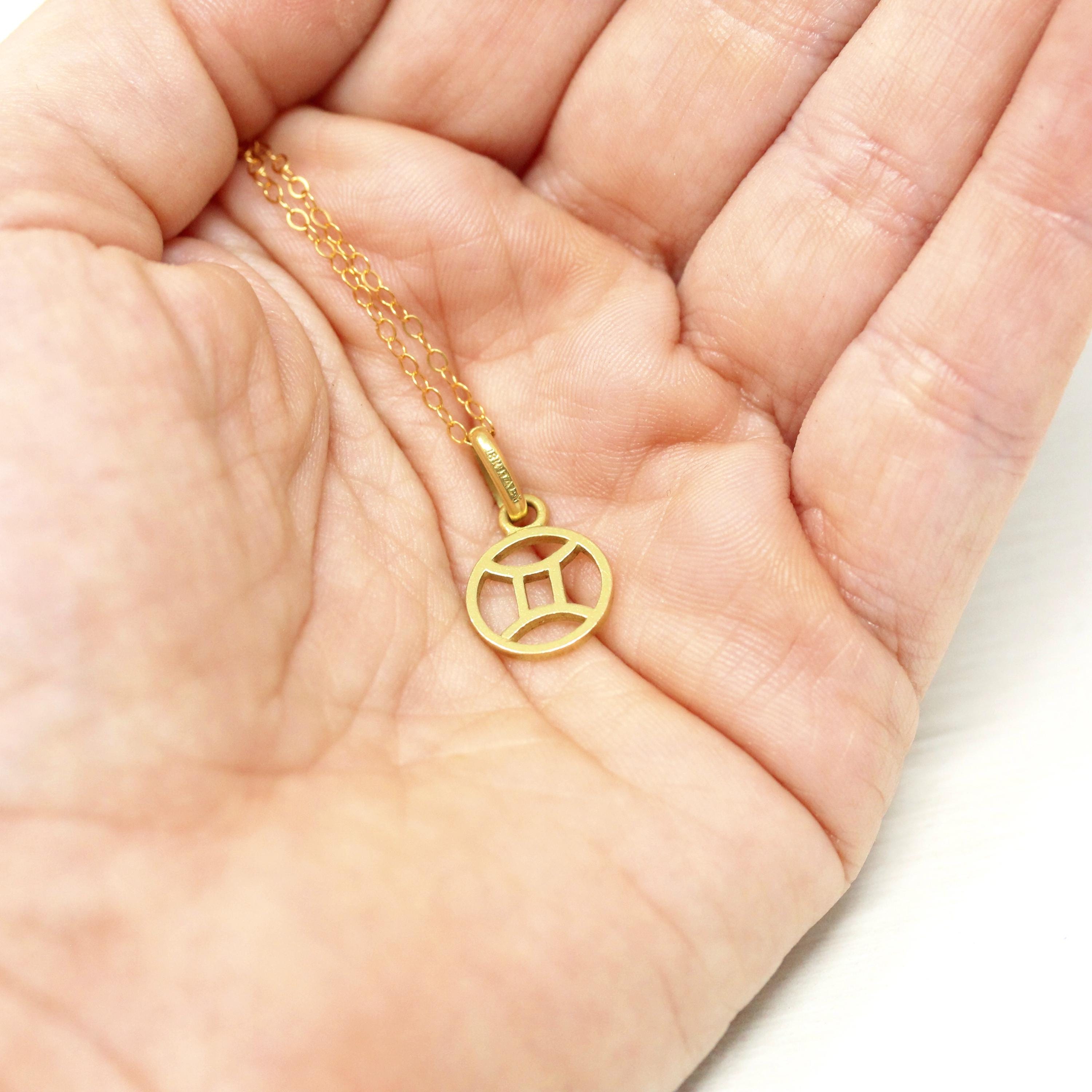 Estate Gemini Charm - Modern 18k Yellow Gold Symbol Air Element Pendant Necklace - Circa 1990s Era Zodiac Italian Italy Fine 90s Jewelry
