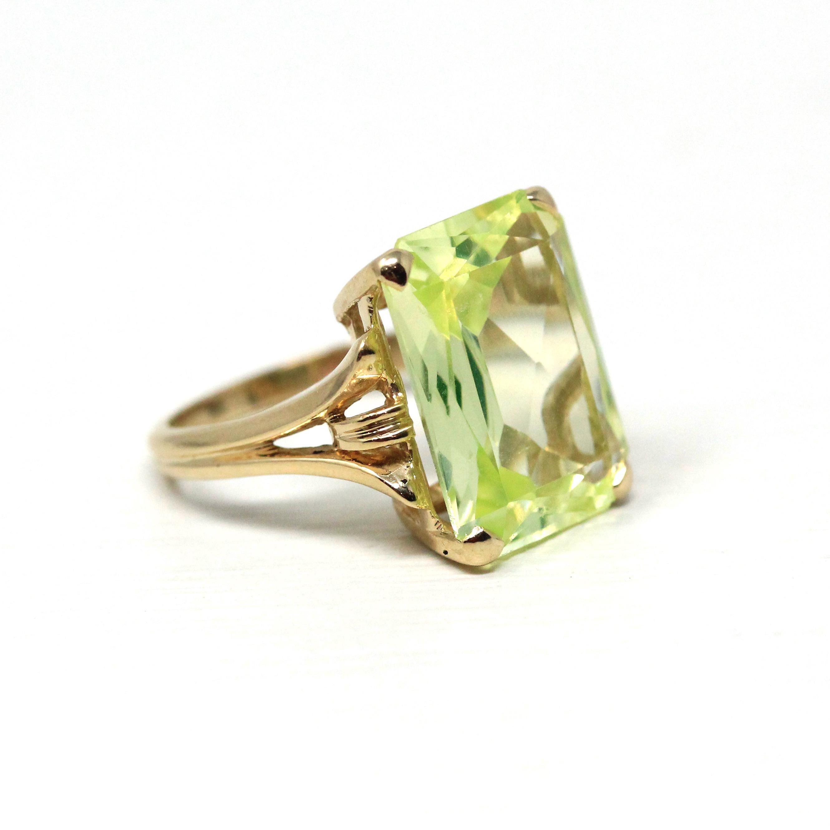 Created Spinel Ring - Retro 14k Yellow Gold Emerald Cut Light Green Stone - Vintage Circa 1960s Era Size 4 1/2 Fine Statement 60s Jewelry