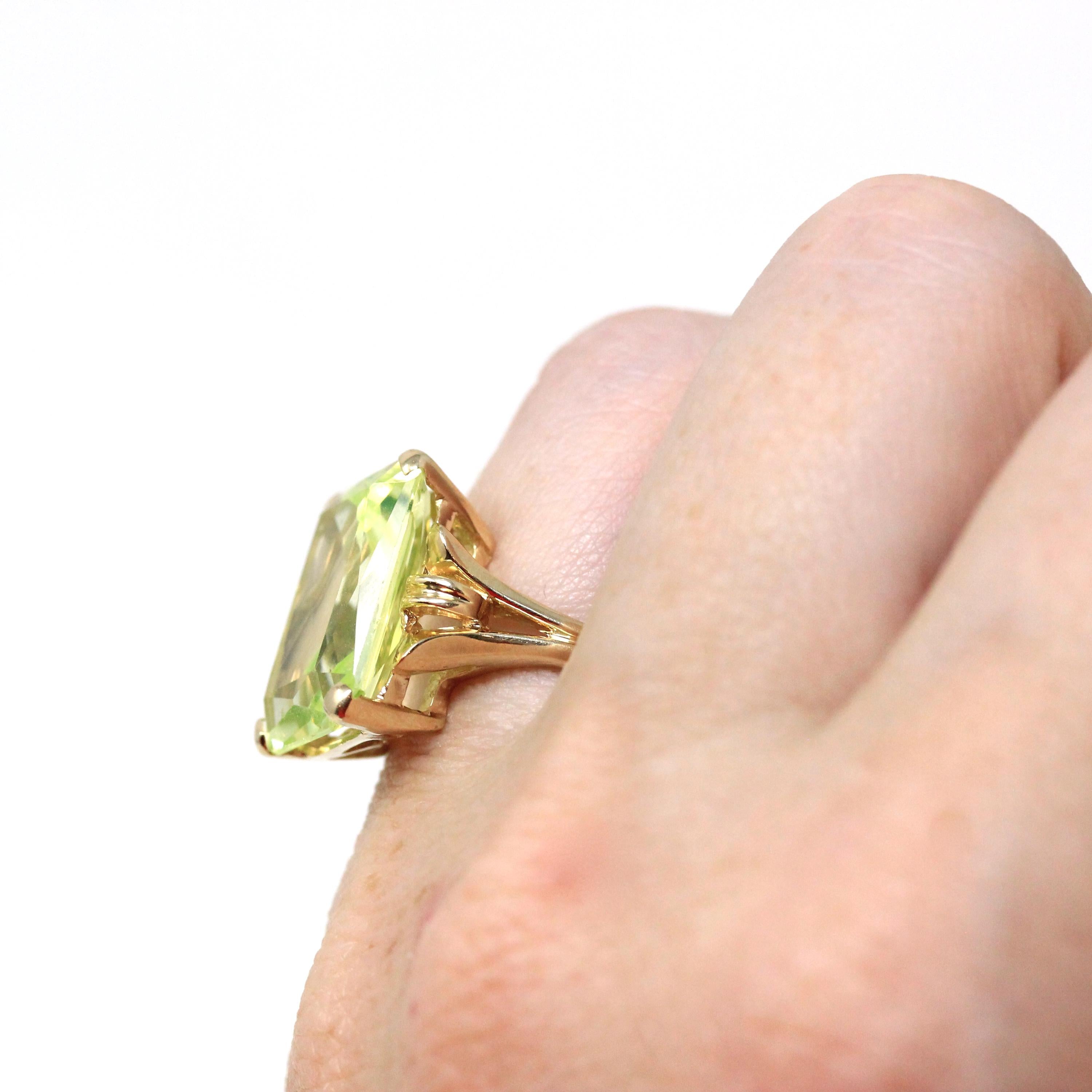 Created Spinel Ring - Retro 14k Yellow Gold Emerald Cut Light Green Stone - Vintage Circa 1960s Era Size 4 1/2 Fine Statement 60s Jewelry