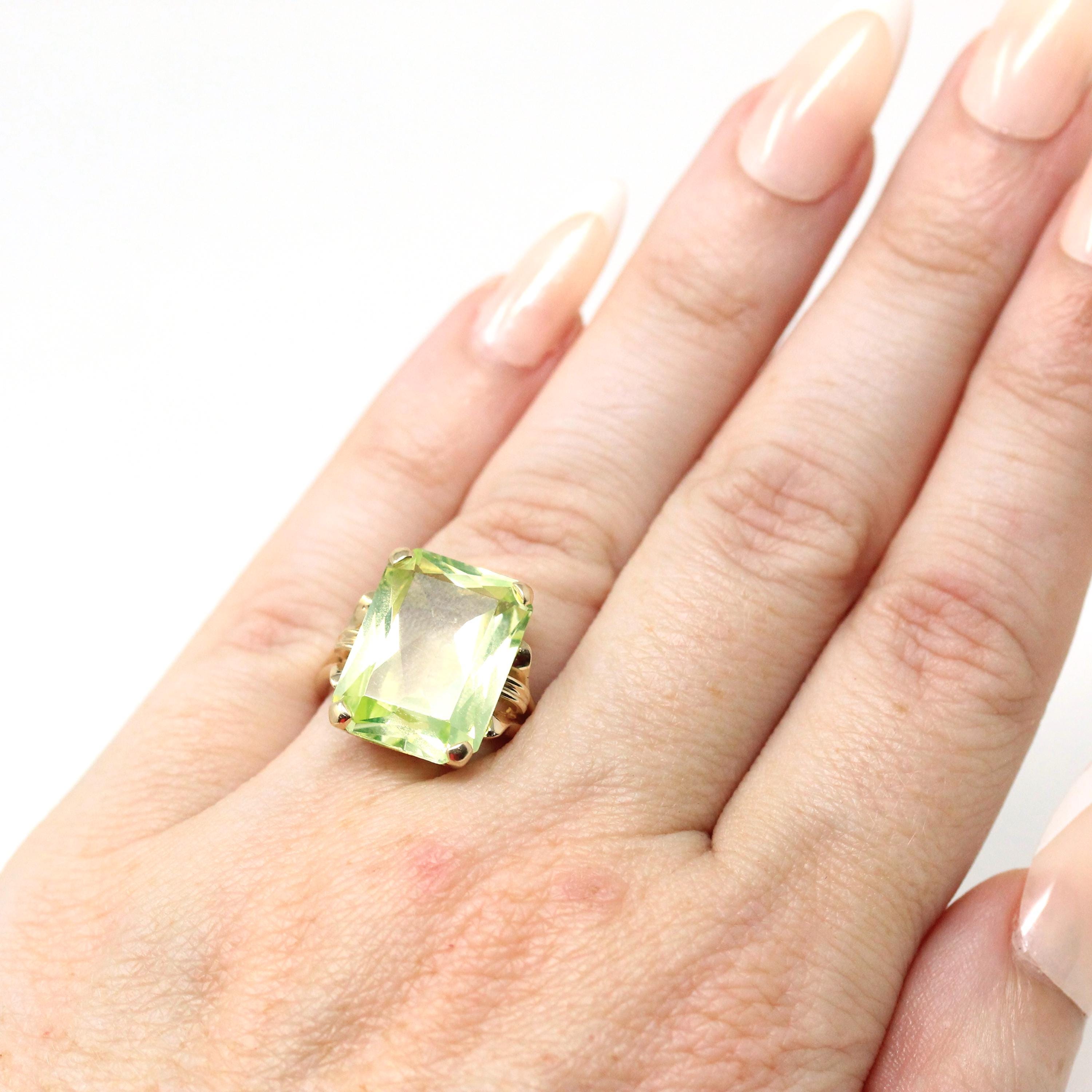 Created Spinel Ring - Retro 14k Yellow Gold Emerald Cut Light Green Stone - Vintage Circa 1960s Era Size 4 1/2 Fine Statement 60s Jewelry