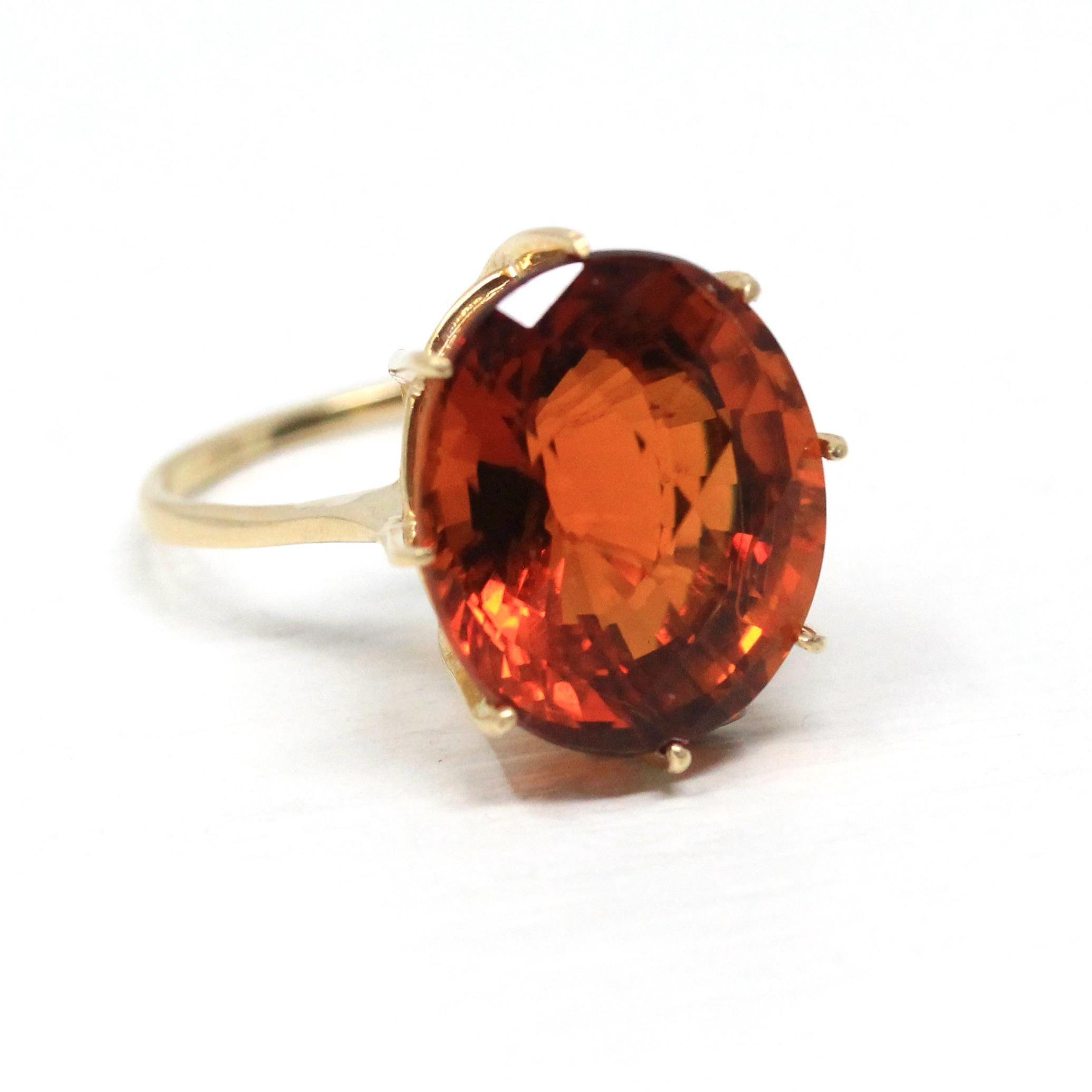 22 Carat Citrine Ring - Modern Estate 10k Yellow Gold Oval Faceted Natural Orange Gemstone - Circa 2000s Era Size 13 Fine November Jewelry