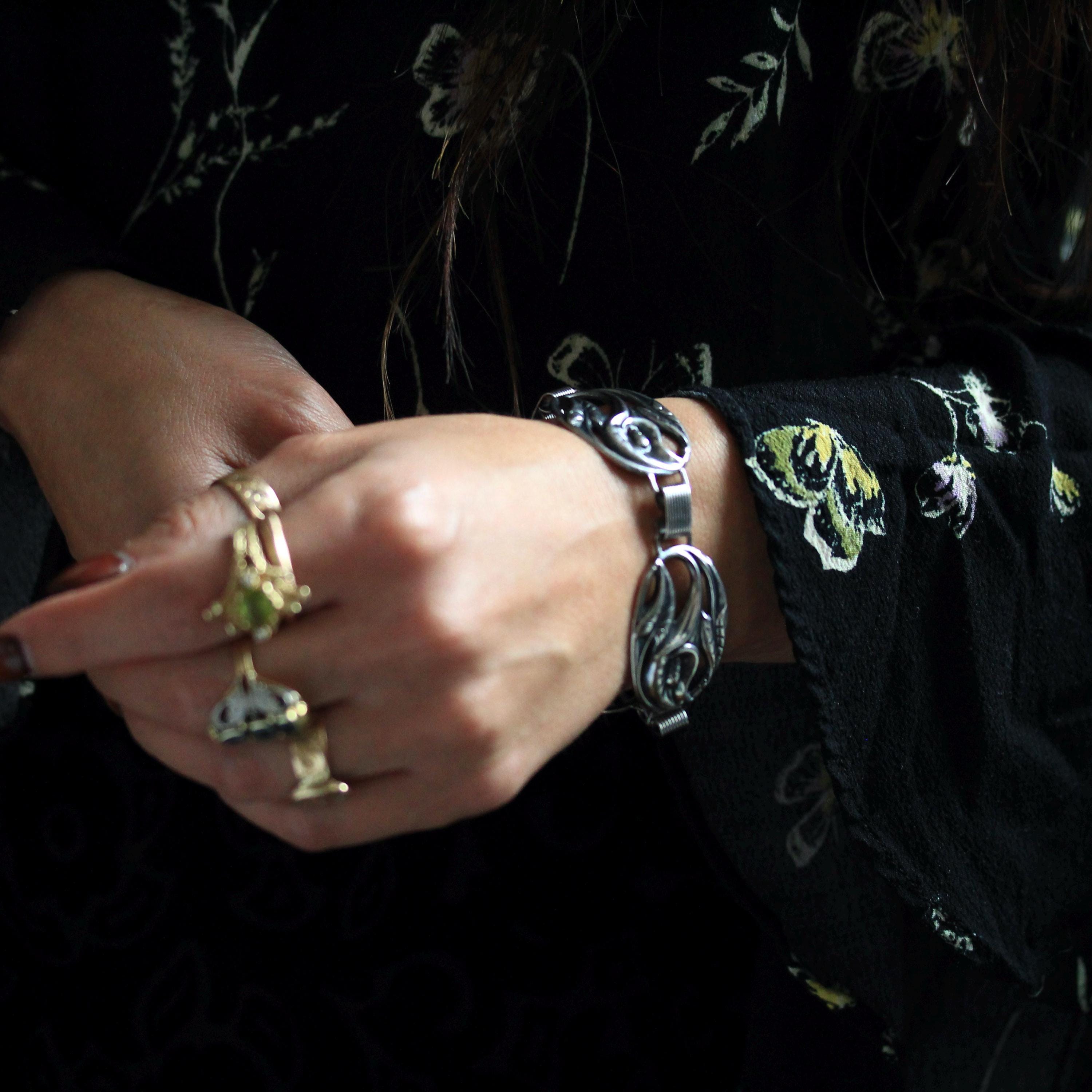 Vintage Flower Bracelet - Retro Sterling Silver Floral Nature Inspired Statement - Circa 1940s Era Calla Lily Signed Danecraft 40s Jewelry