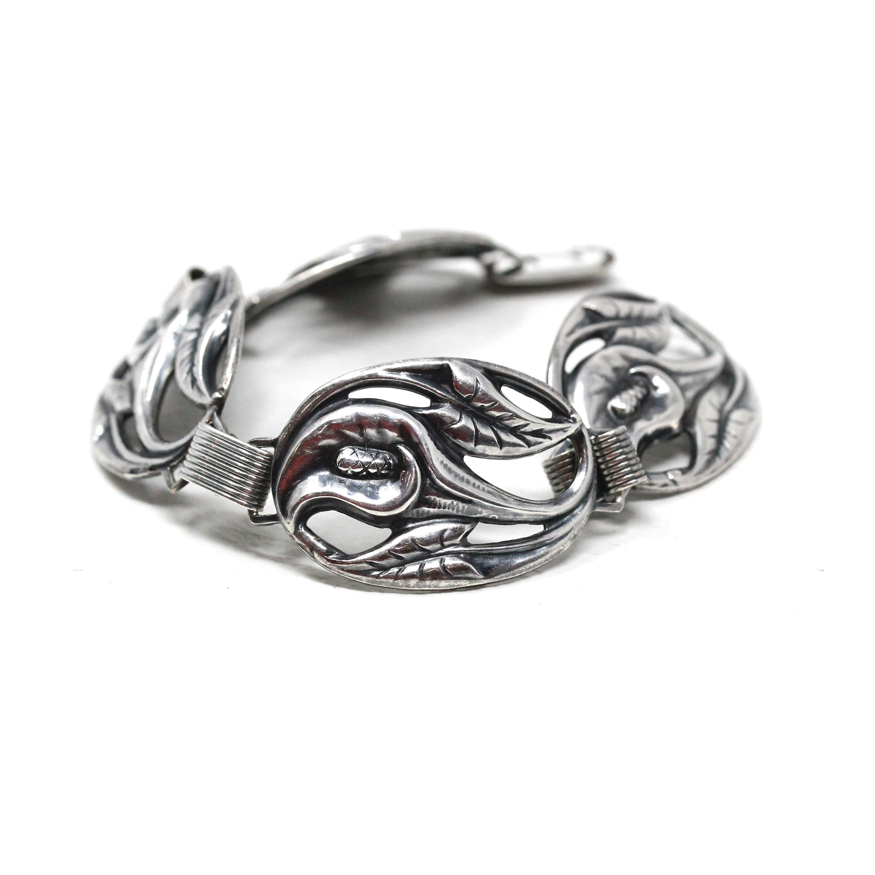 Vintage Flower Bracelet - Retro Sterling Silver Floral Nature Inspired Statement - Circa 1940s Era Calla Lily Signed Danecraft 40s Jewelry