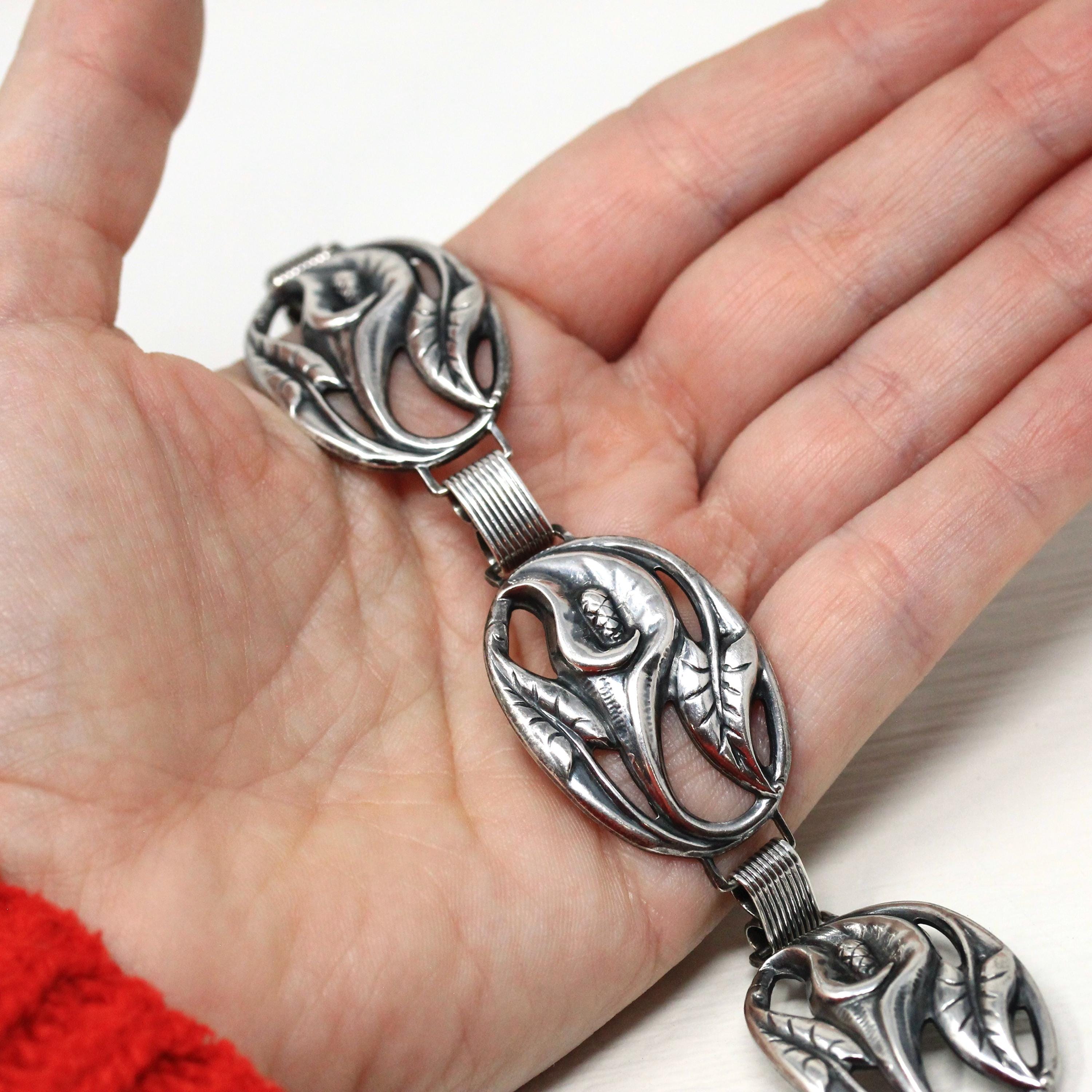 Vintage Flower Bracelet - Retro Sterling Silver Floral Nature Inspired Statement - Circa 1940s Era Calla Lily Signed Danecraft 40s Jewelry