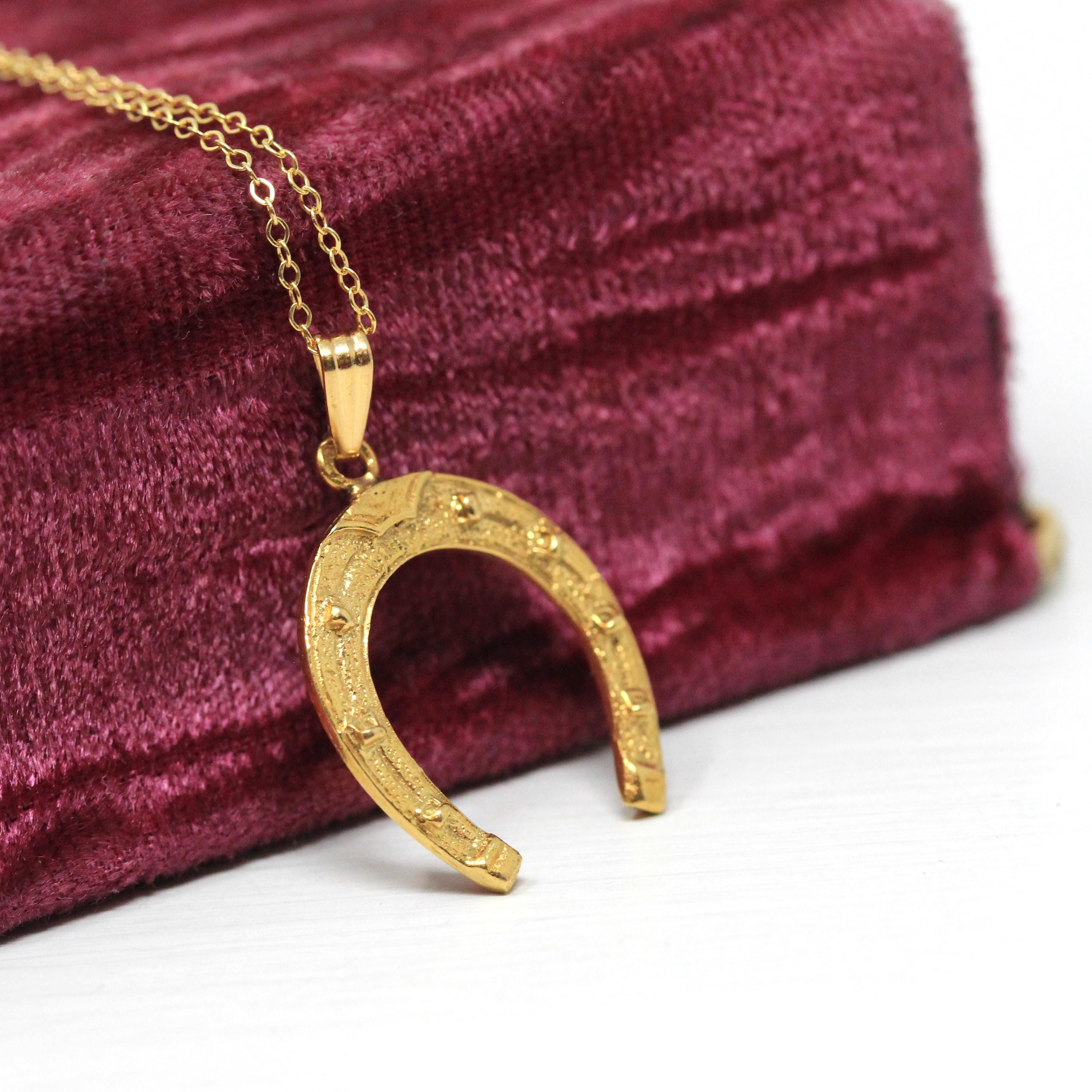 Estate Horseshoe Pendant - Modern 18k Yellow Gold Nail Studded Necklace Charm - Circa 2000's Era Good Luck Equestrian Horse Fine Jewelry