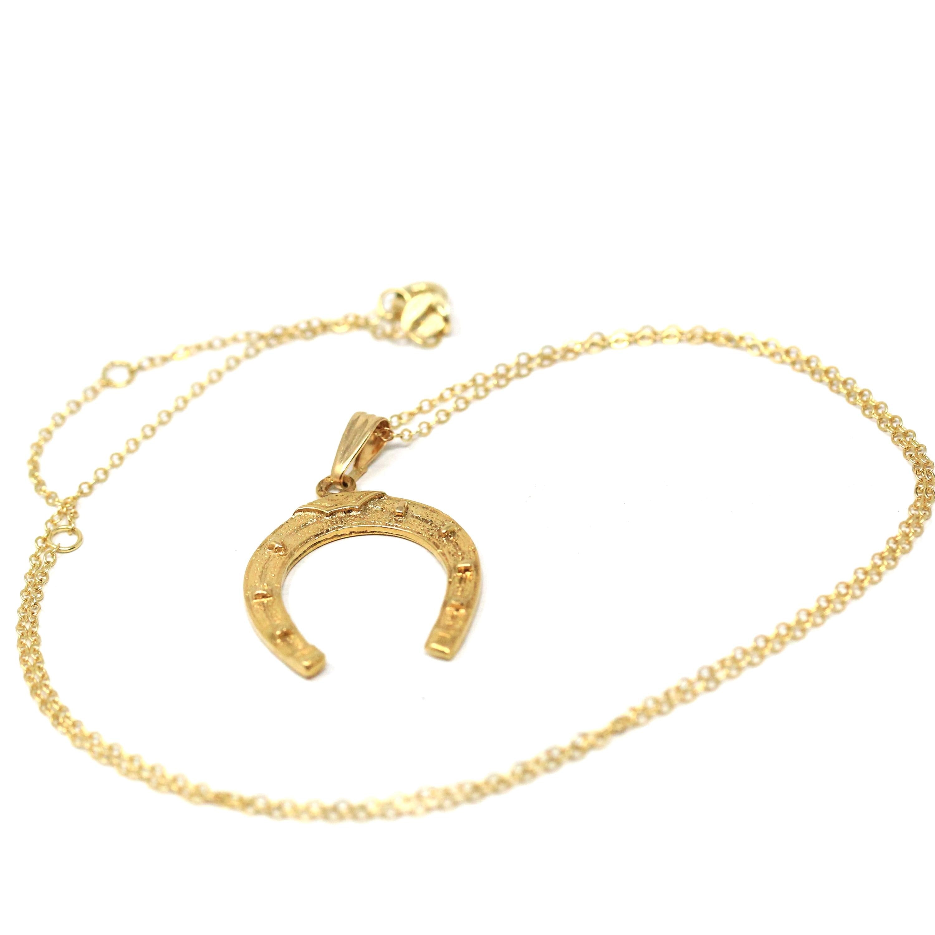 Estate Horseshoe Pendant - Modern 18k Yellow Gold Nail Studded Necklace Charm - Circa 2000's Era Good Luck Equestrian Horse Fine Jewelry