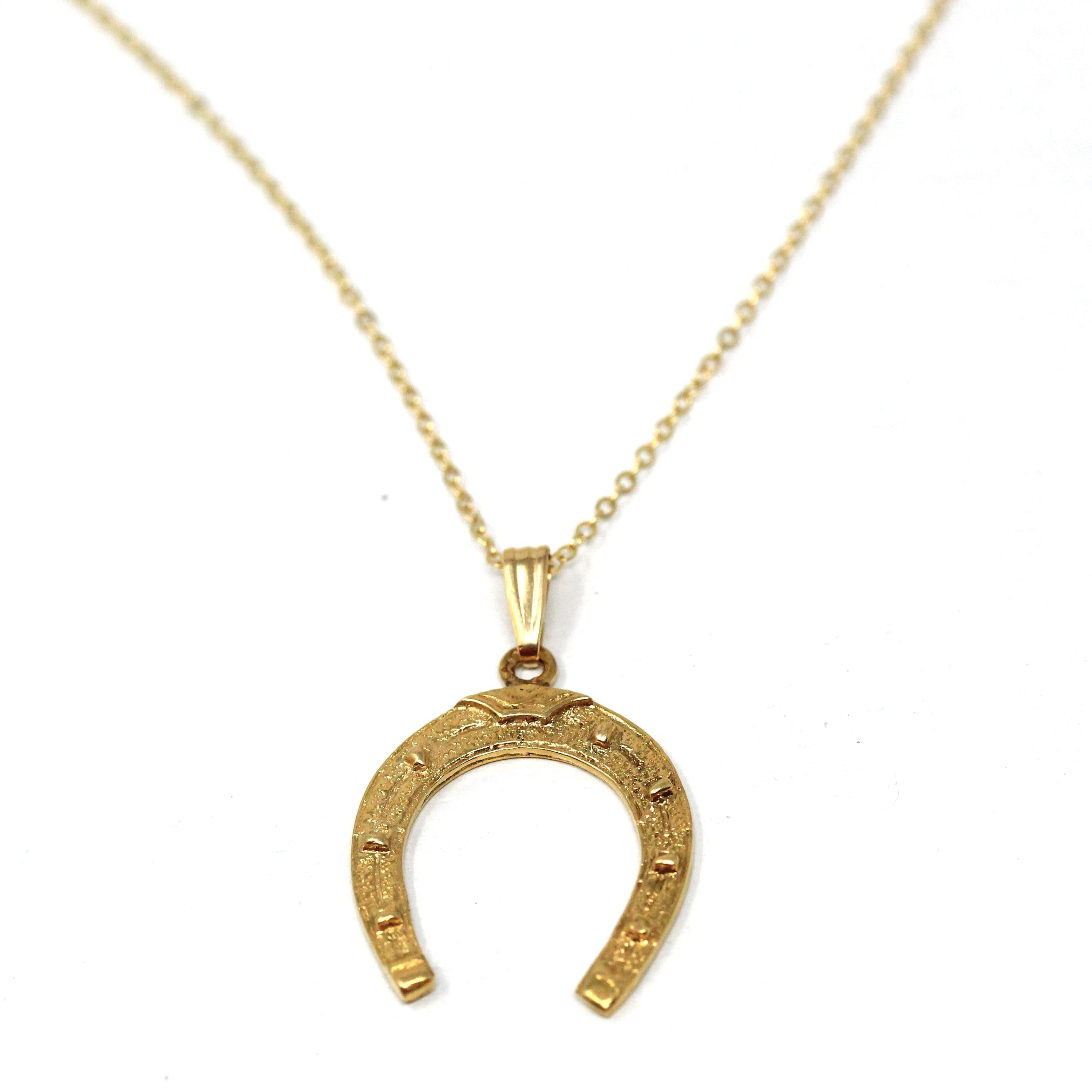 Estate Horseshoe Pendant - Modern 18k Yellow Gold Nail Studded Necklace Charm - Circa 2000's Era Good Luck Equestrian Horse Fine Jewelry