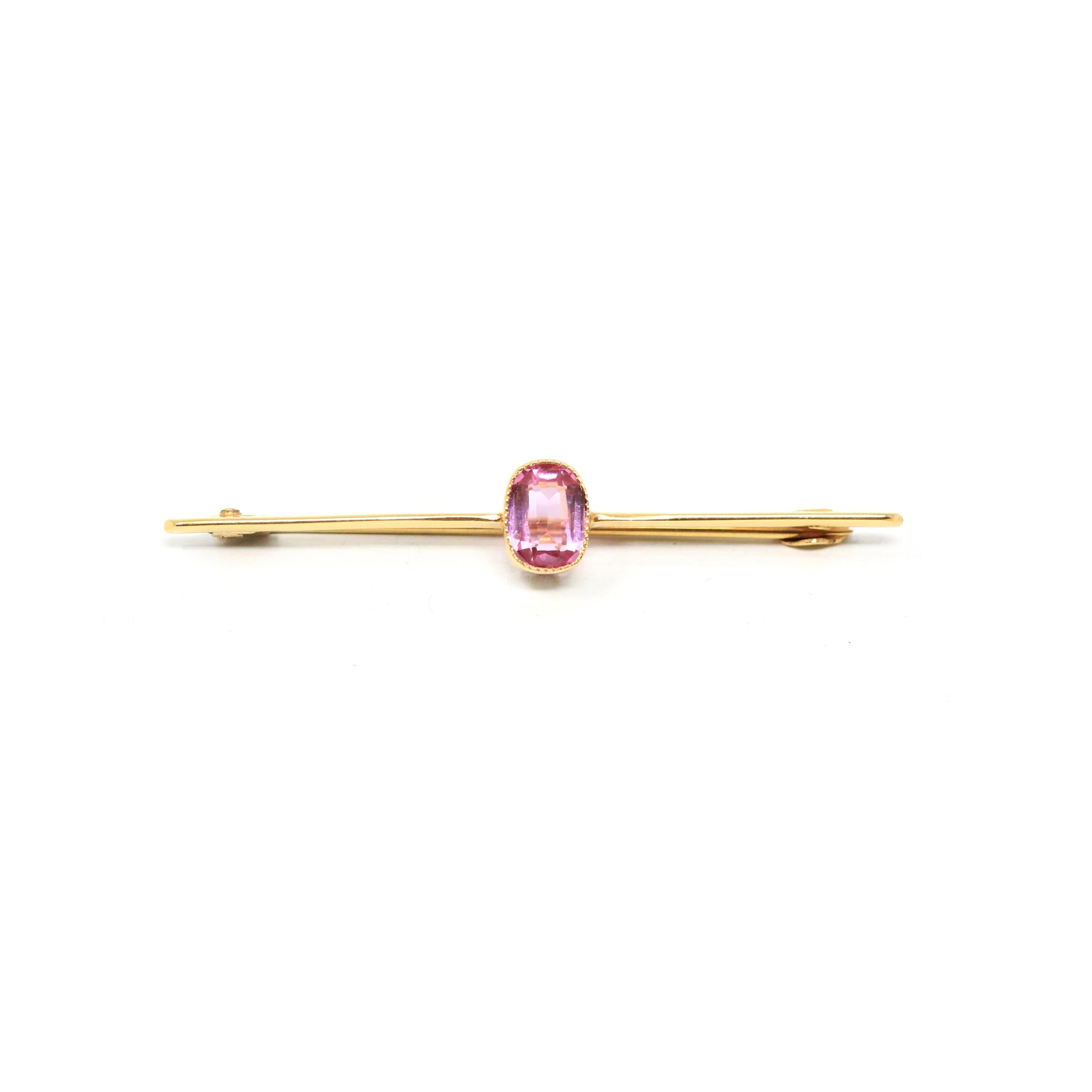 Simulated Pink Sapphire Brooch - Edwardian 9CT Yellow Gold Statement Pink Glass Bar Pin - Antique Circa 1910s Fashion Accessory Fine Jewelry