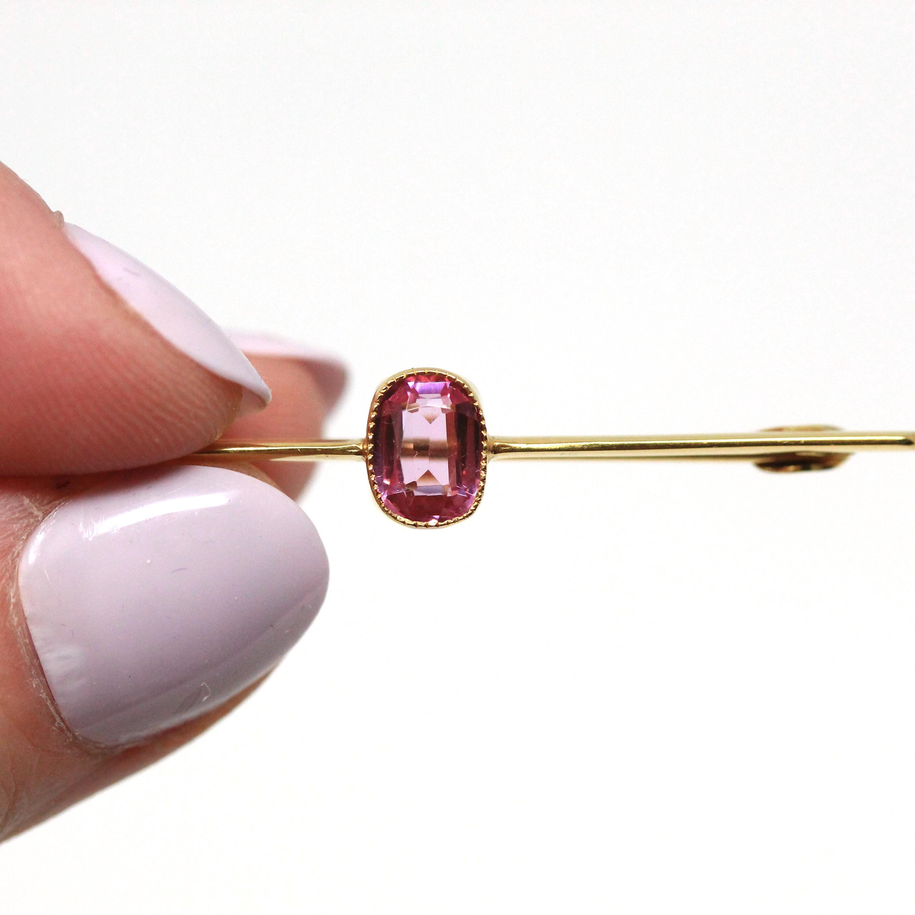 Simulated Pink Sapphire Brooch - Edwardian 9CT Yellow Gold Statement Pink Glass Bar Pin - Antique Circa 1910s Fashion Accessory Fine Jewelry
