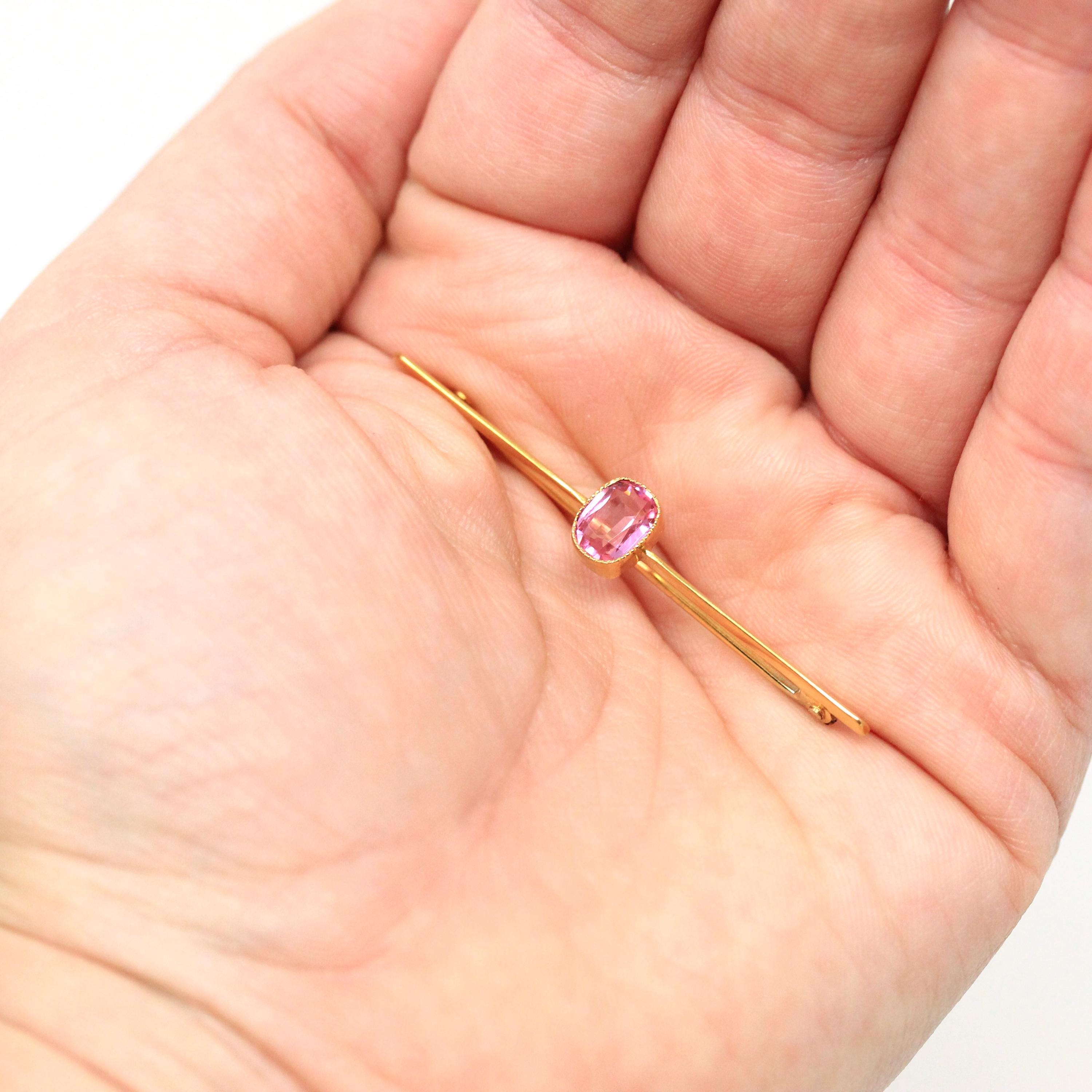 Simulated Pink Sapphire Brooch - Edwardian 9CT Yellow Gold Statement Pink Glass Bar Pin - Antique Circa 1910s Fashion Accessory Jewelry