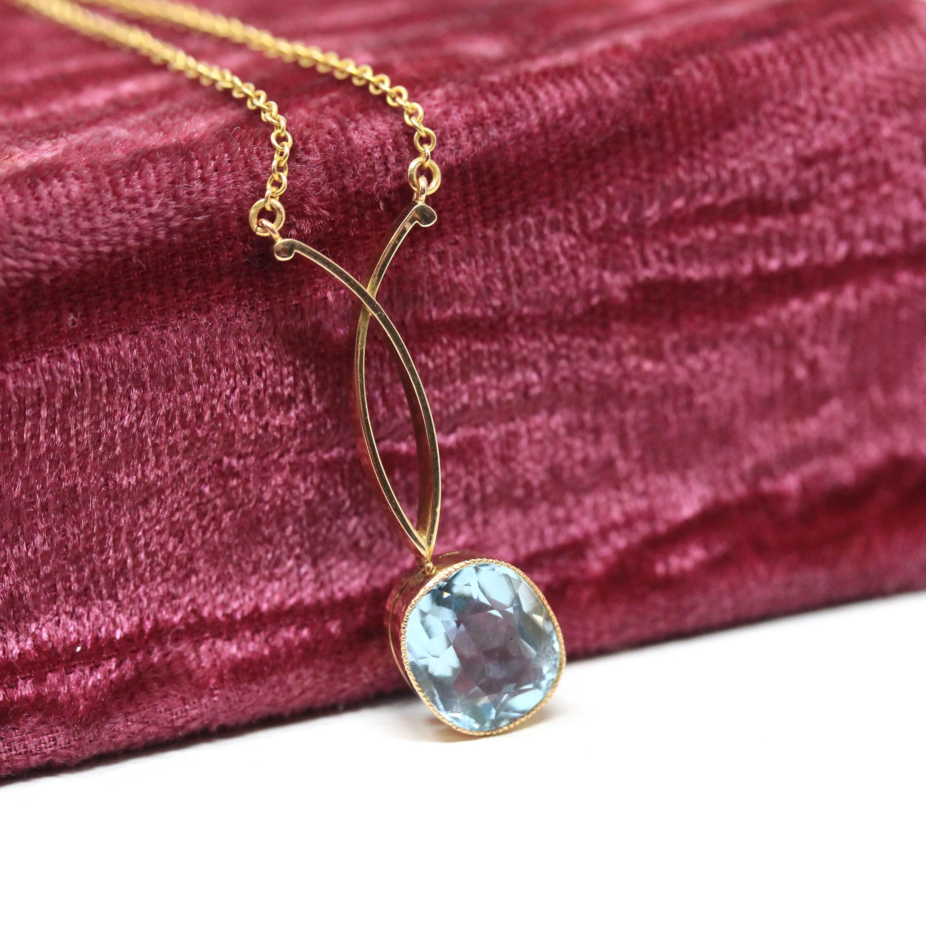Antique Aquamarine Necklace - Edwardian 15k Yellow Gold 2.45 CT Natural Gem Pendant - Circa 1910s Cushion Cut Statement Fine March Jewelry