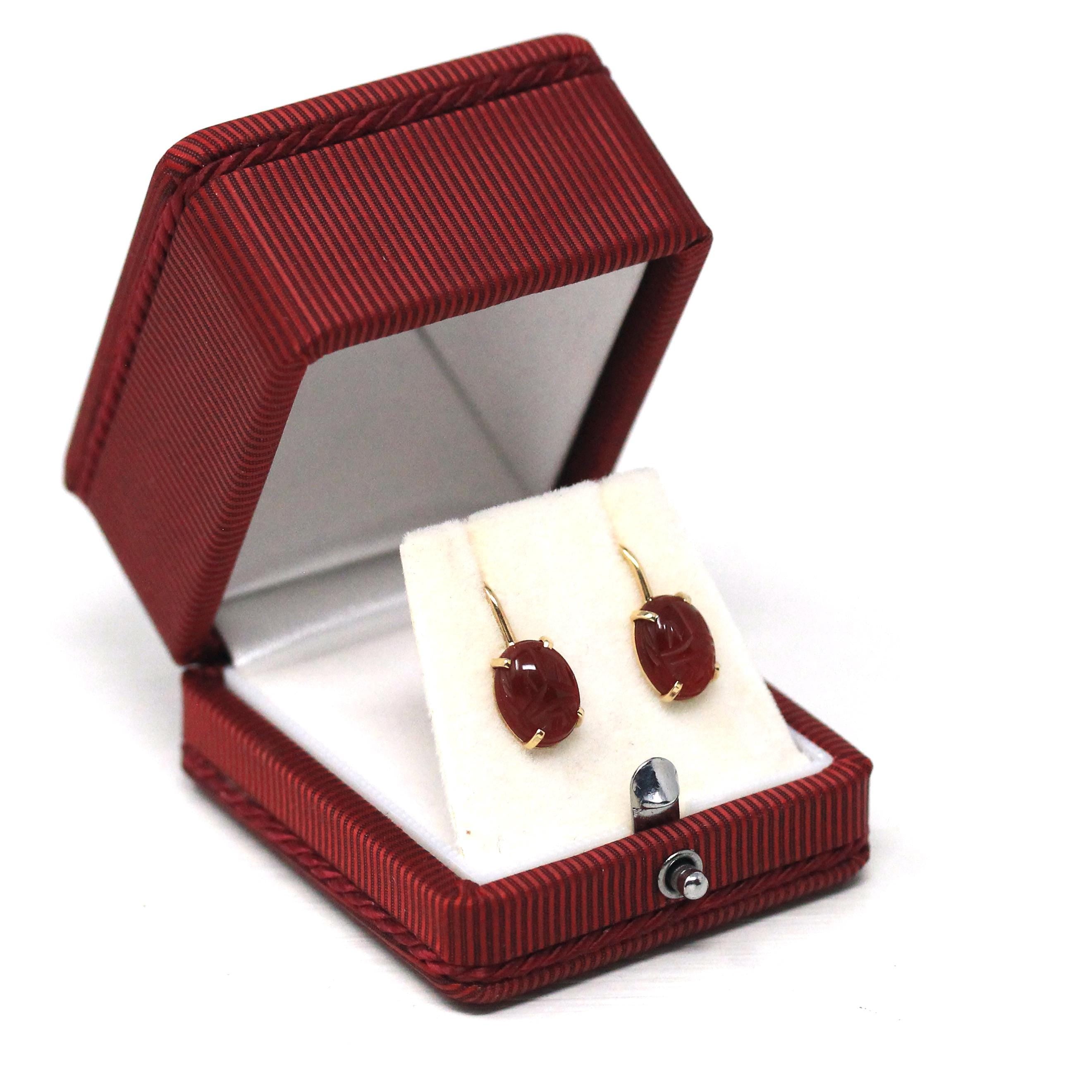 Vintage Scarab Earrings - Retro 14k Yellow Gold Carved Natural Carnelian Gemstones - Circa 1960s Era Egyptian Revival Style Beetle Jewelry