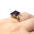 Created Color Change Sapphire Ring - Retro Era 14k Yellow Gold Rectangular Purple Blue Gemstone - Vintage 1940s Size 6 3/4 Fine 40s Jewelry