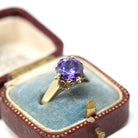 Modern Solitaire Ring - Estate 9k Yellow Gold Round Faceted Purple CZ Gemstone Basket Setting - Size 6 3/4 Fine Cubic Zirconia Y2K Jewelry