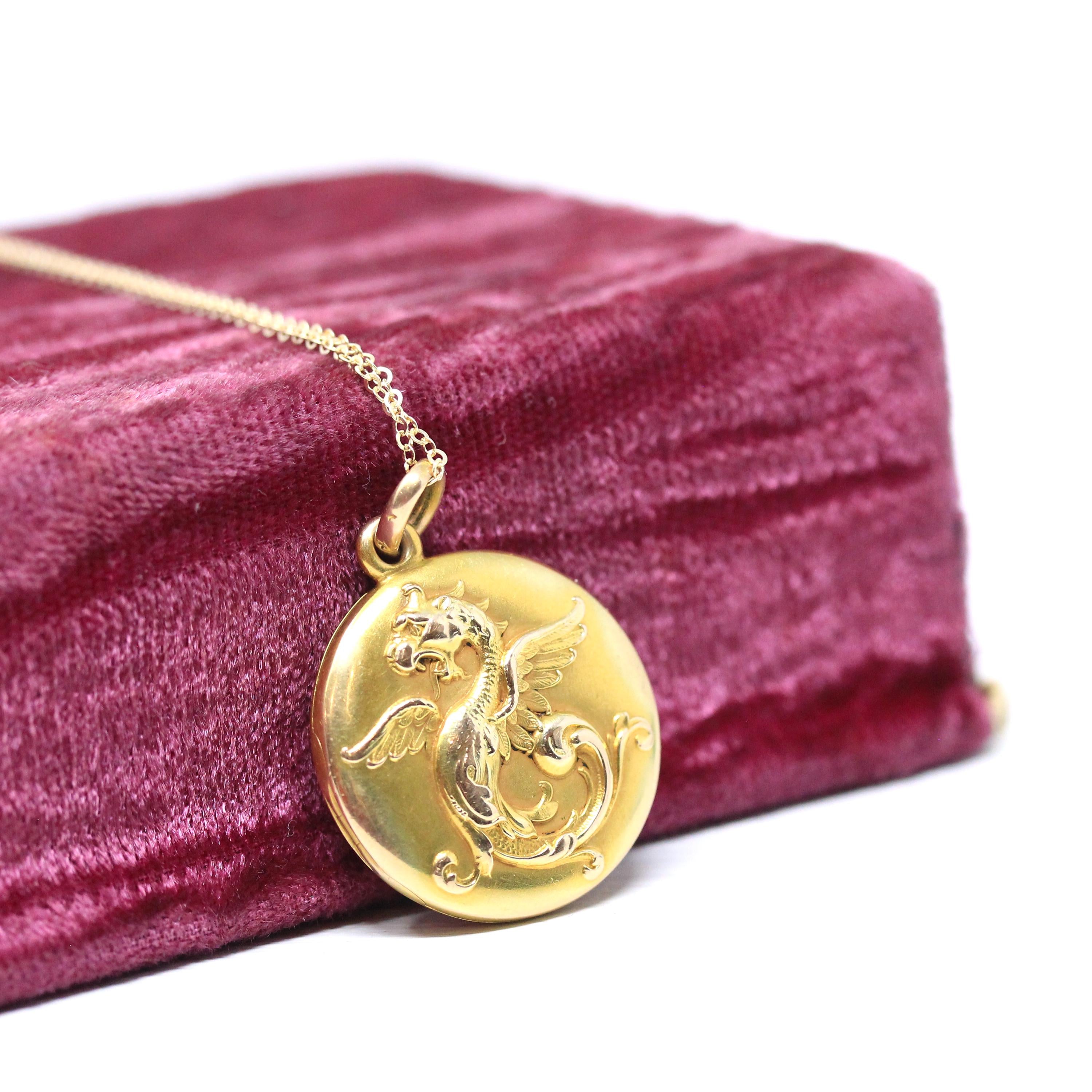 Antique Griffin Locket - Edwardian 14k Yellow Gold Keepsake Pendant Charm - Vintage Circa 1900s Era Mythological Beast Monogrammed Jewelry