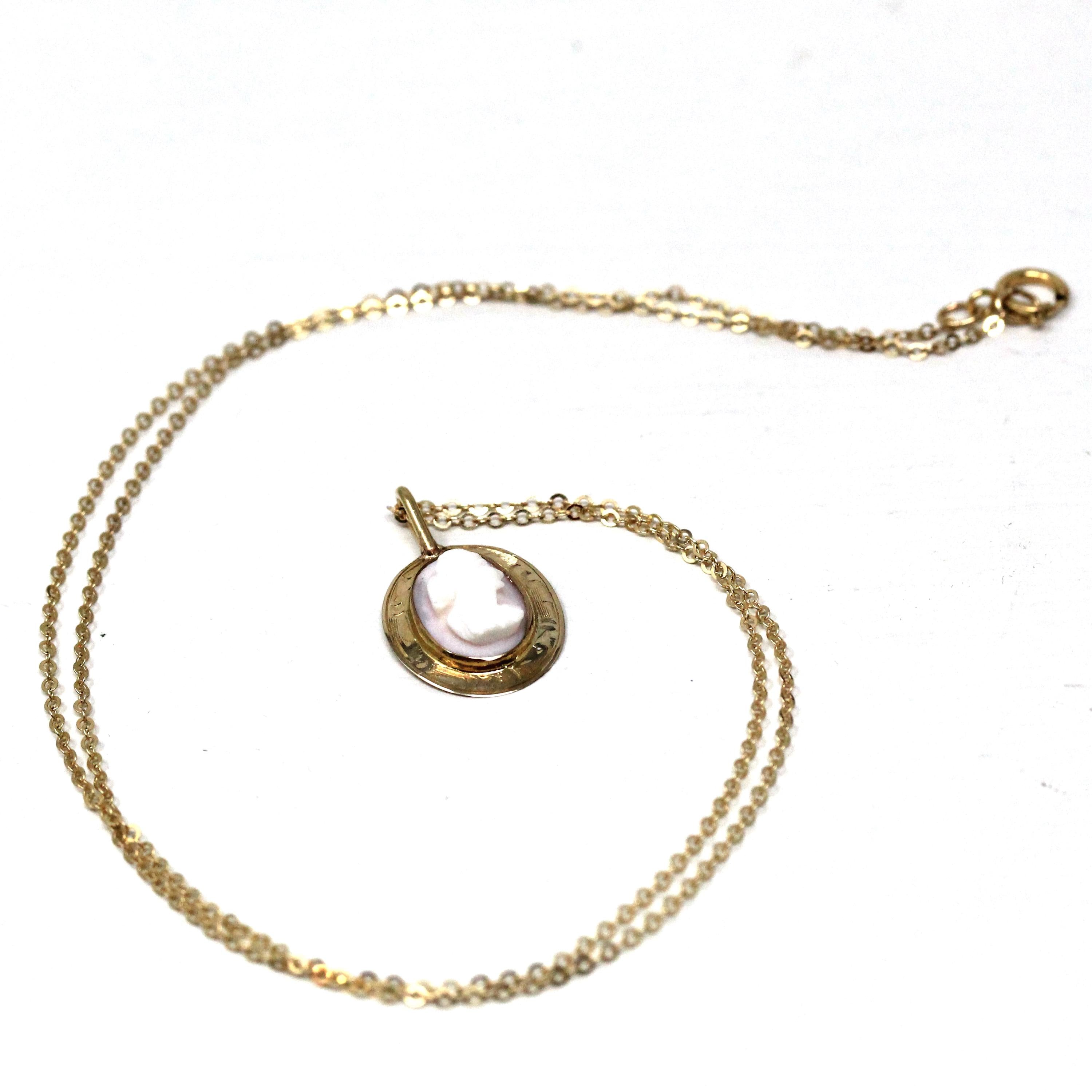 Antique Cameo Necklace - Edwardian 10k Yellow Gold Carved Pink White Shell Pendant - Vintage Circa 1910s Era Fashion Accessory Fine Jewelry