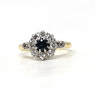 Vintage Halo Ring - Art Deco 18k Yellow & White Gold Natural Blue Sapphire Diamond Halo - Circa 1930s Size 7 Flower Engagement Fine Jewelry