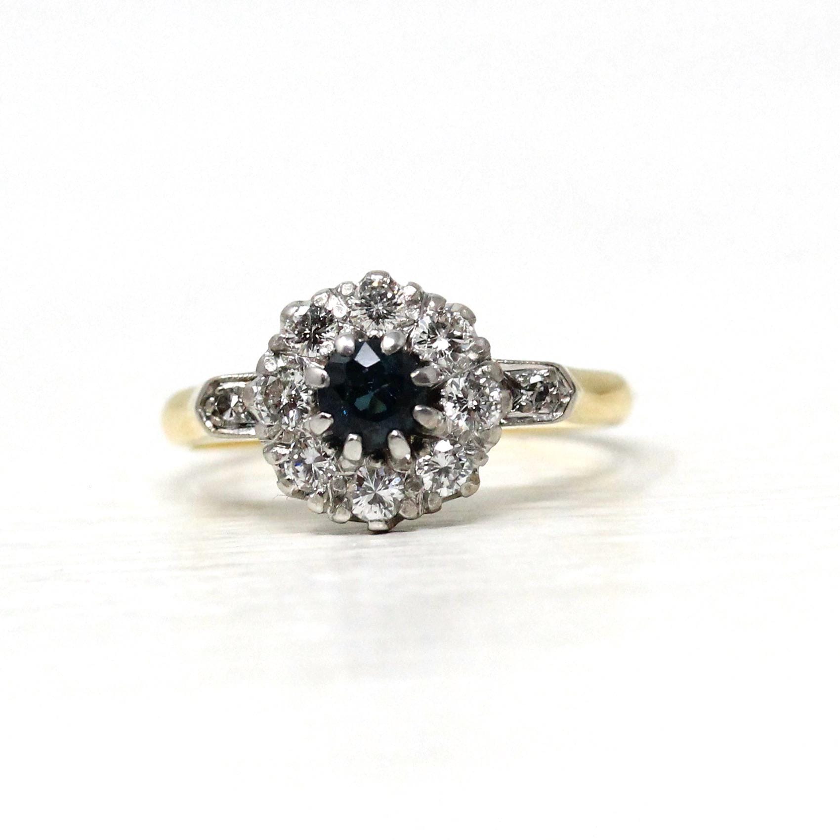 Vintage Halo Ring - Art Deco 18k Yellow & White Gold Natural Blue Sapphire Diamond Halo - Circa 1930s Size 7 Flower Engagement Fine Jewelry