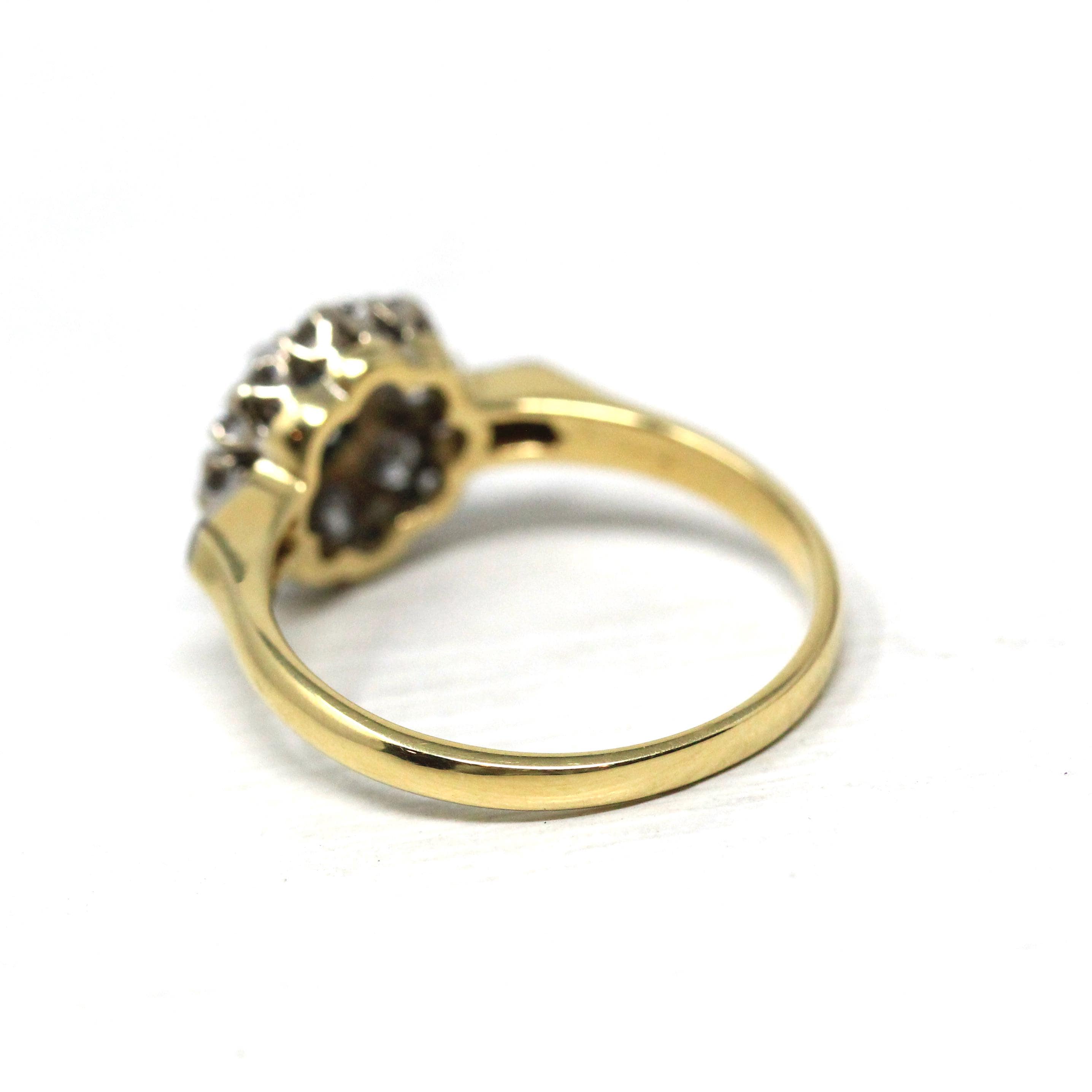 Vintage Halo Ring - Art Deco 18k Yellow & White Gold Natural Blue Sapphire Diamond Halo - Circa 1930s Size 7 Flower Engagement Fine Jewelry