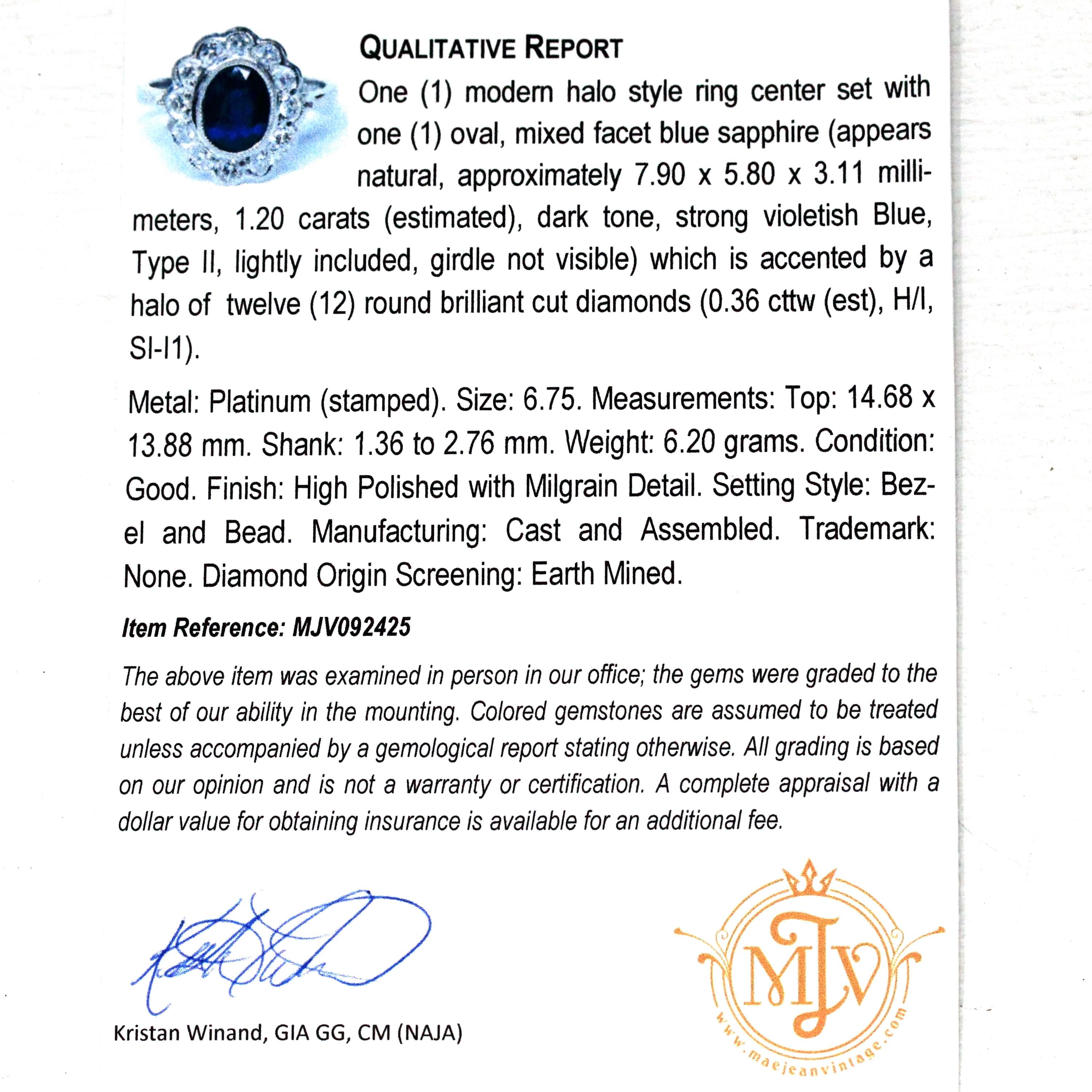 Sapphire & Diamond Ring - Estate Platinum Natural 1.20 CT Blue Oval .36 CTW Halo - Modern 2000s Engagement Fine Flower Report Y2K Jewelry