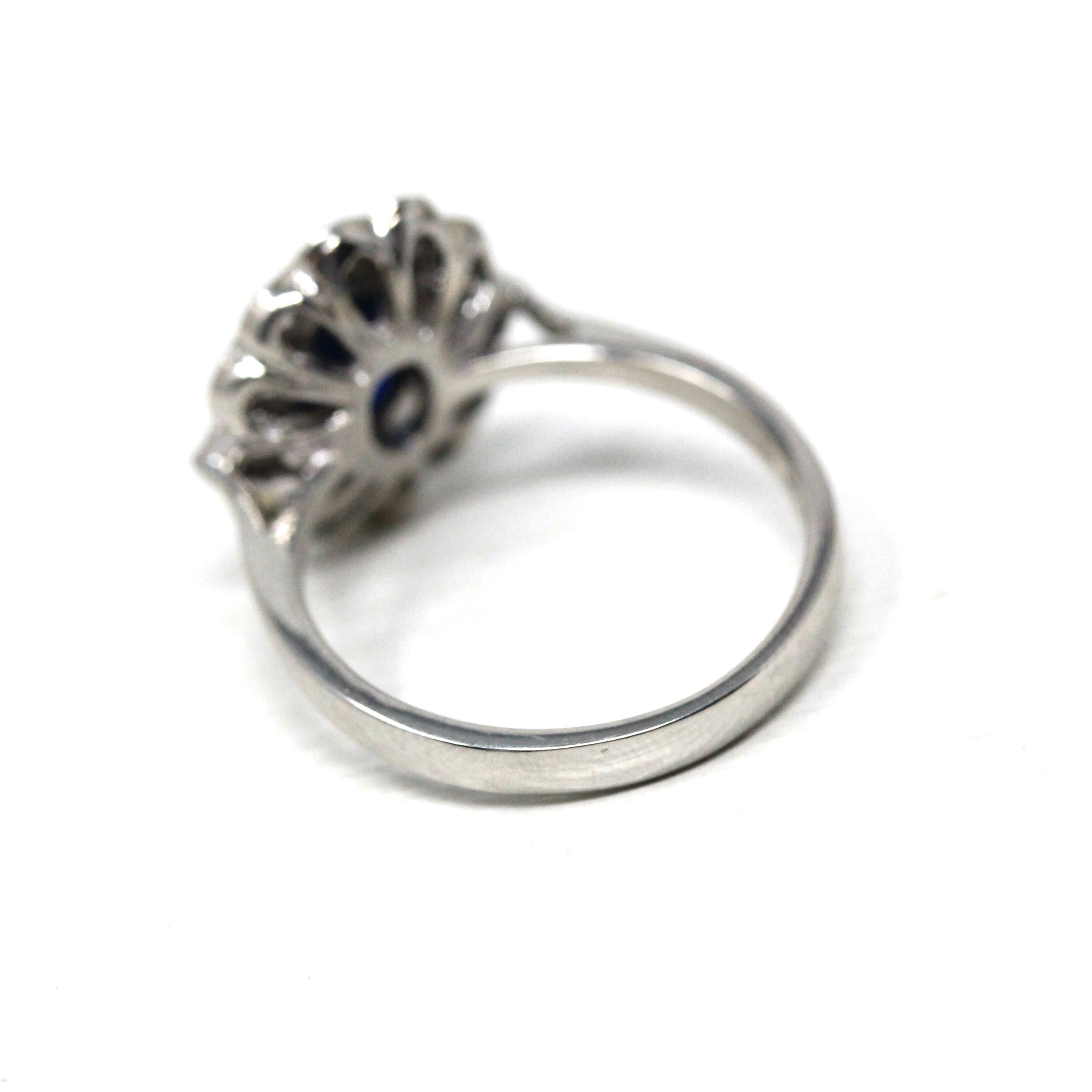 Sapphire & Diamond Ring - Estate Platinum Natural 1.20 CT Blue Oval .36 CTW Halo - Modern 2000s Engagement Fine Flower Report Y2K Jewelry