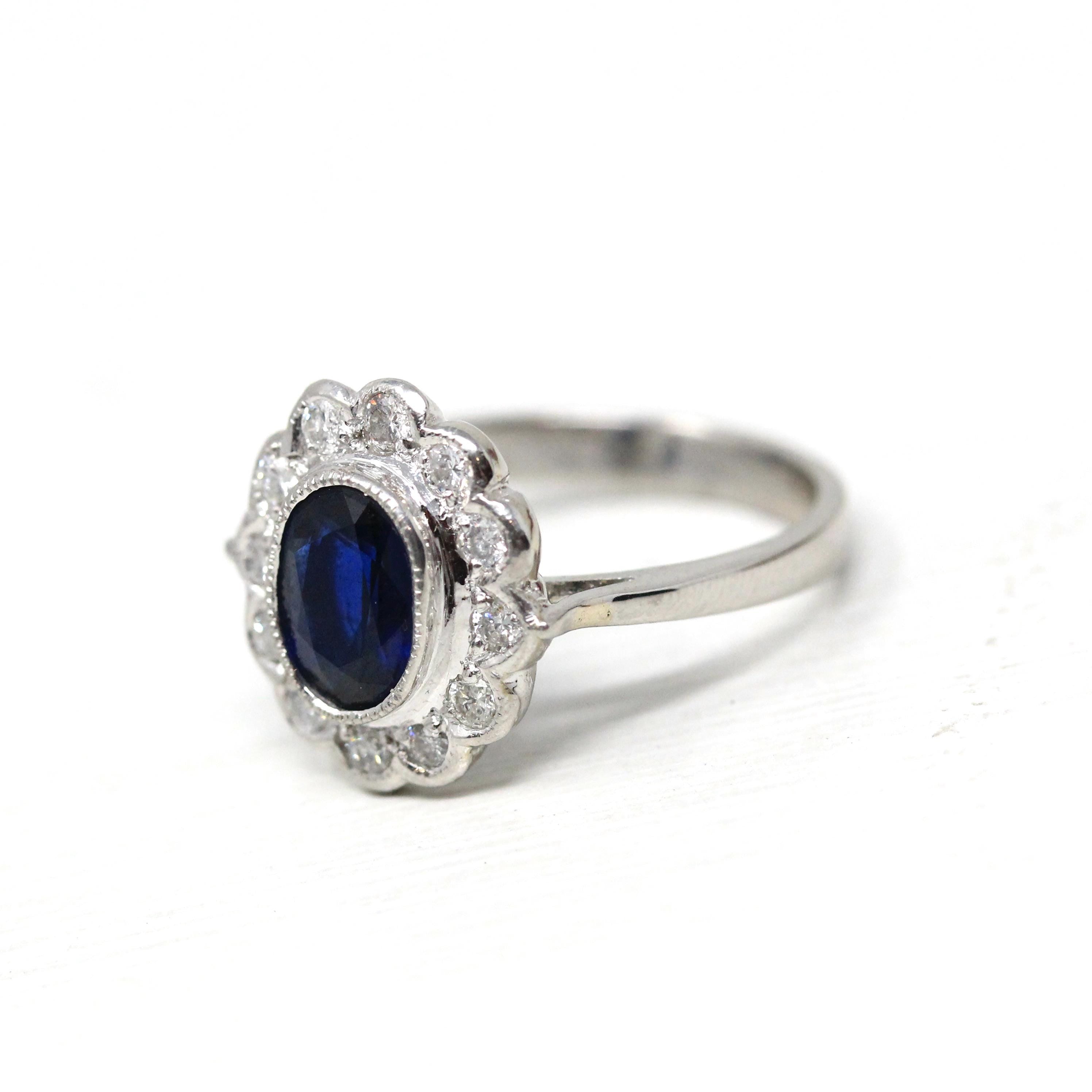 Sapphire & Diamond Ring - Estate Platinum Natural 1.20 CT Blue Oval .36 CTW Halo - Modern 2000s Engagement Fine Flower Report Y2K Jewelry