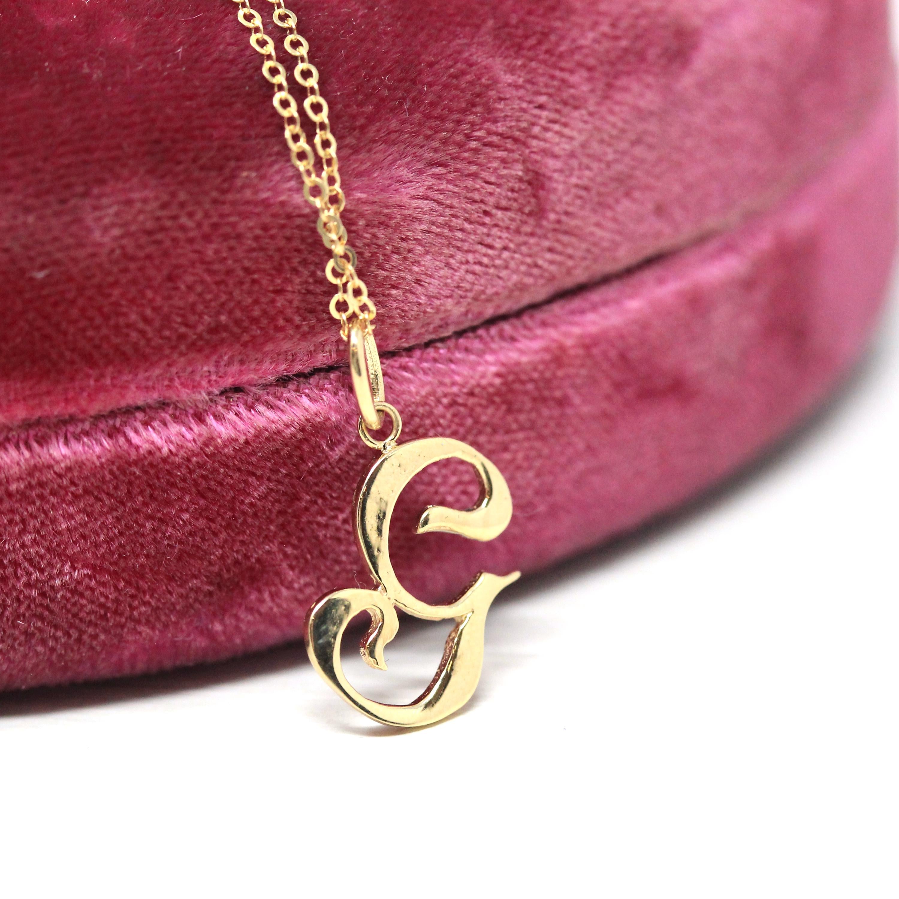 Letter "G" Charm - Estate 10k Yellow Gold Single Cursive Initial Necklace Pendant - Vintage Circa 1990s Era Petite Dainty Fine 90s Jewelry