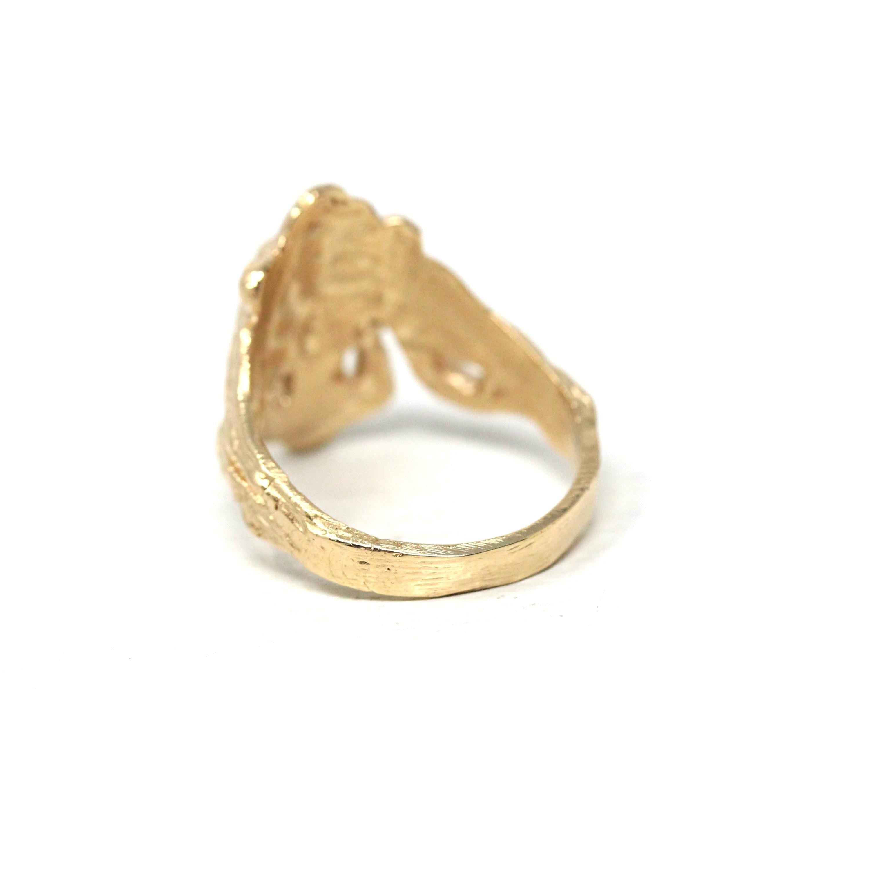 Estate Lion Ring - Modern 14k Yellow Gold Square Step Cut Natural Diamond Mouth - Circa 1990s Era Size 7 Statement Animal Big Cat Jewelry