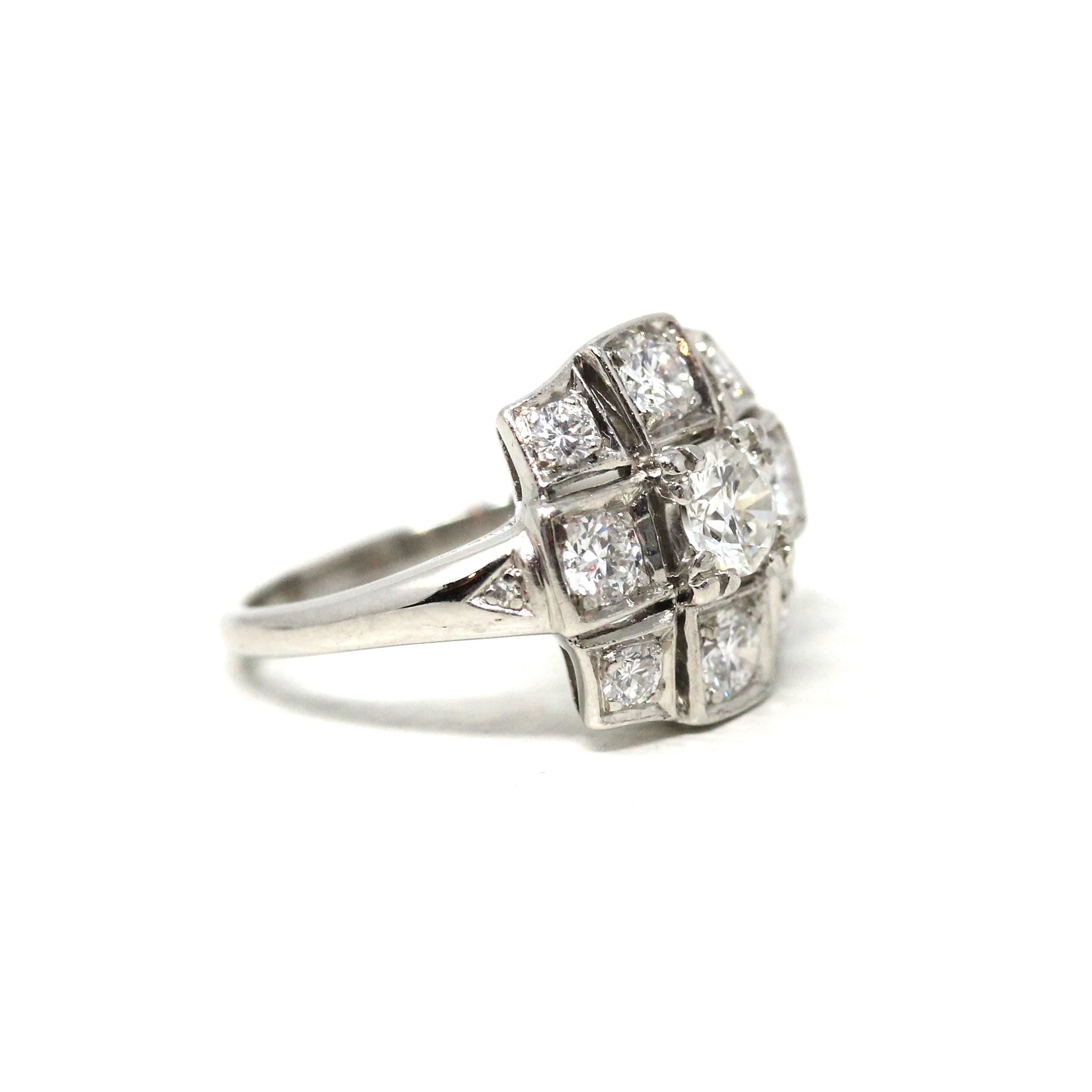 Vintage Diamond Ring - Mid Century Platinum .90 CTW Cluster Halo Engagement - Circa 50s Size 4 1/2 Fine Retro Era Bridal Band Report Jewelry