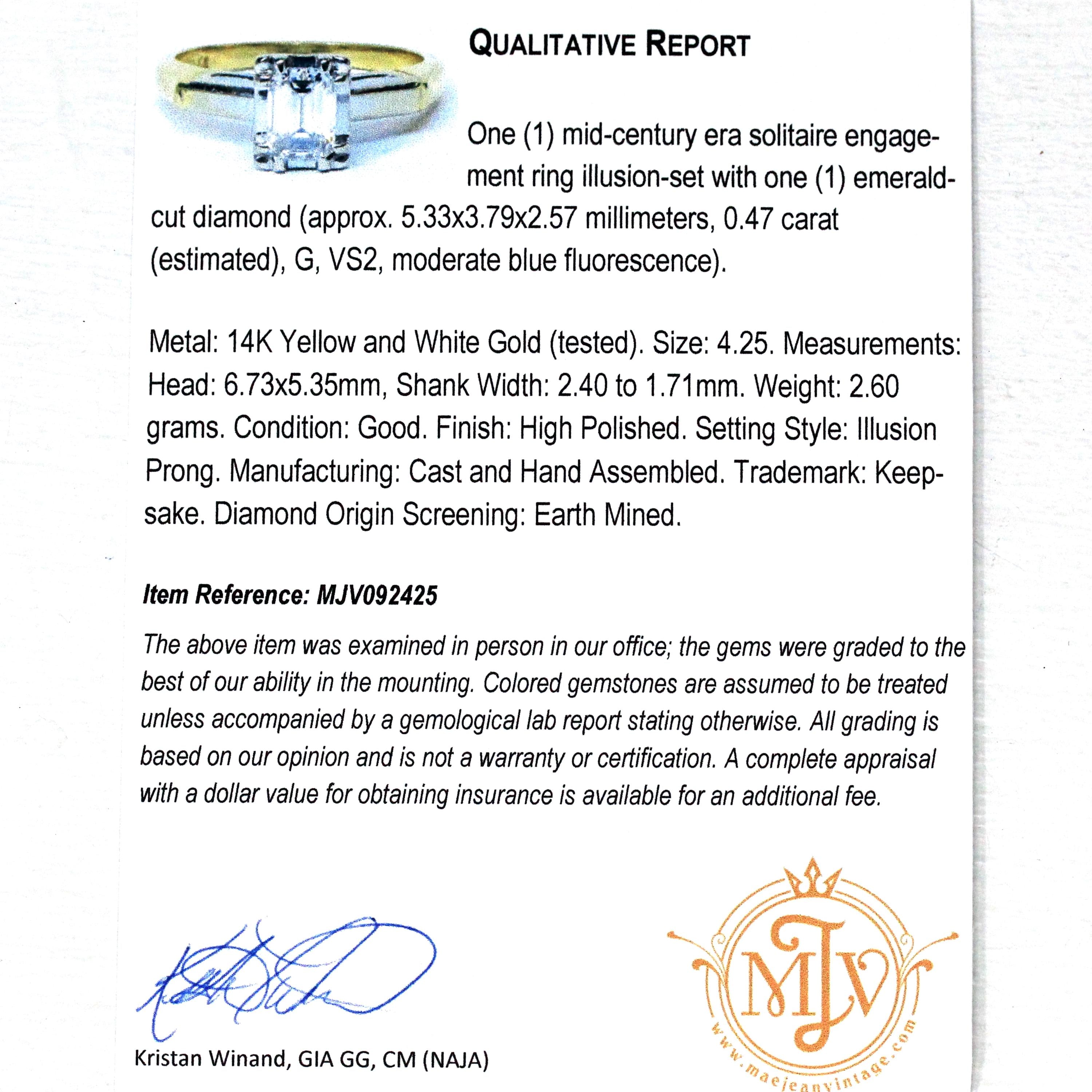 Diamond Engagement Ring - 14k Yellow & White Gold Natural .47 CT Emerald Cut - Size 4 1/4 Circa 1960s Retro Solitaire Fine Report Jewelry