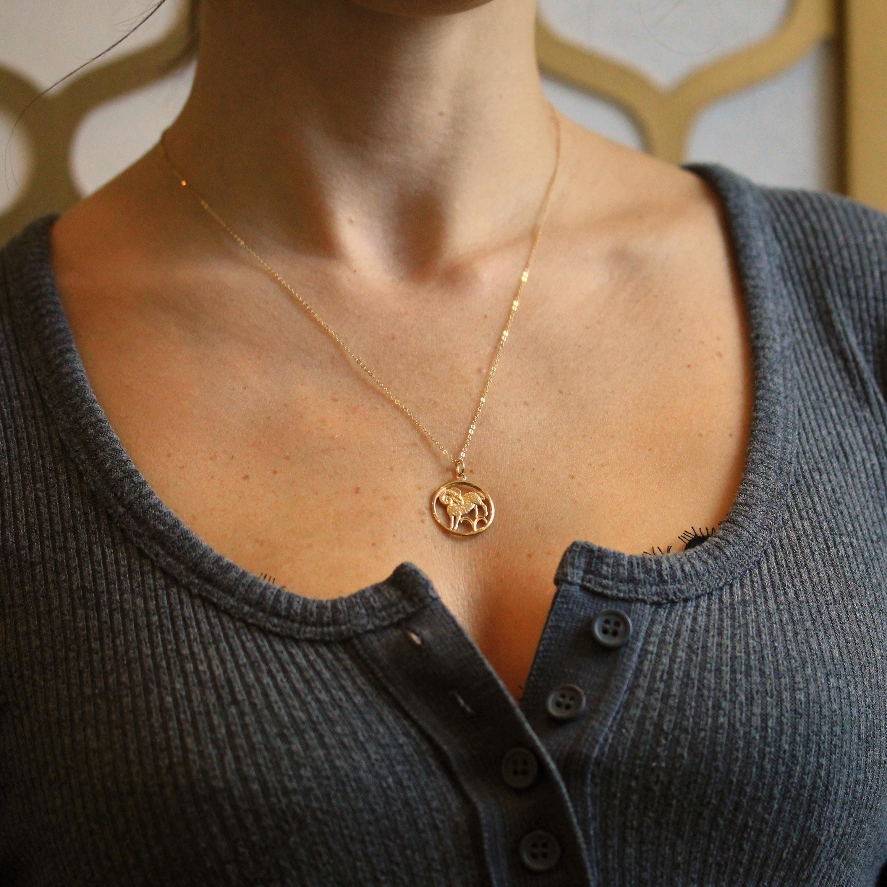 Estate Aries Pendant - Modern 14k Yellow Gold Ram Astrological Sign Necklace Charm - Circa 1990s Zodiac Celestial Fire Element Fine Jewelry