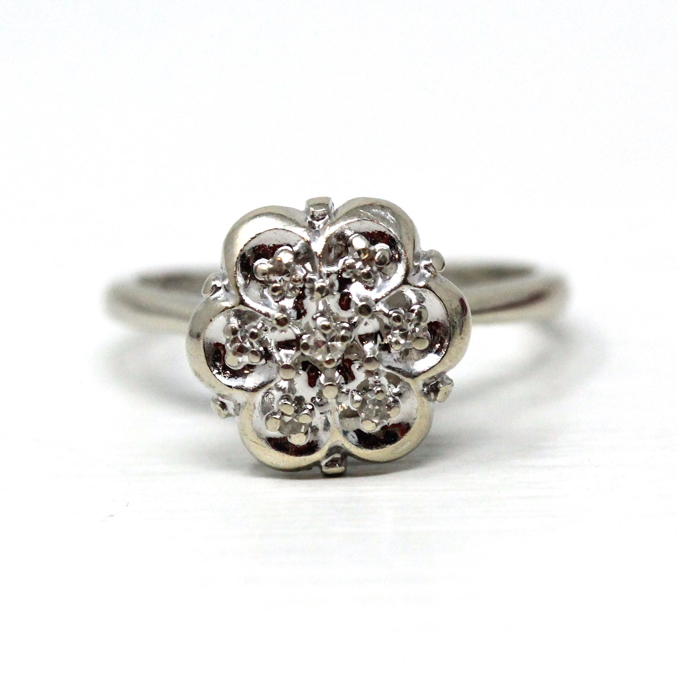 Diamond Cluster Ring - Retro 14k White Gold Natural .14 CTW Gems - Mid Century Vintage Circa 1960s Size 6 1/4 Engagement Halo Fine Jewelry