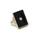 Onyx & Diamond Ring - Art Deco 14k White Gold Carved Black Gem Rectangle Filigree - Vintage Circa 1930s Sz 3.5 Fine Engraved Signet Jewelry